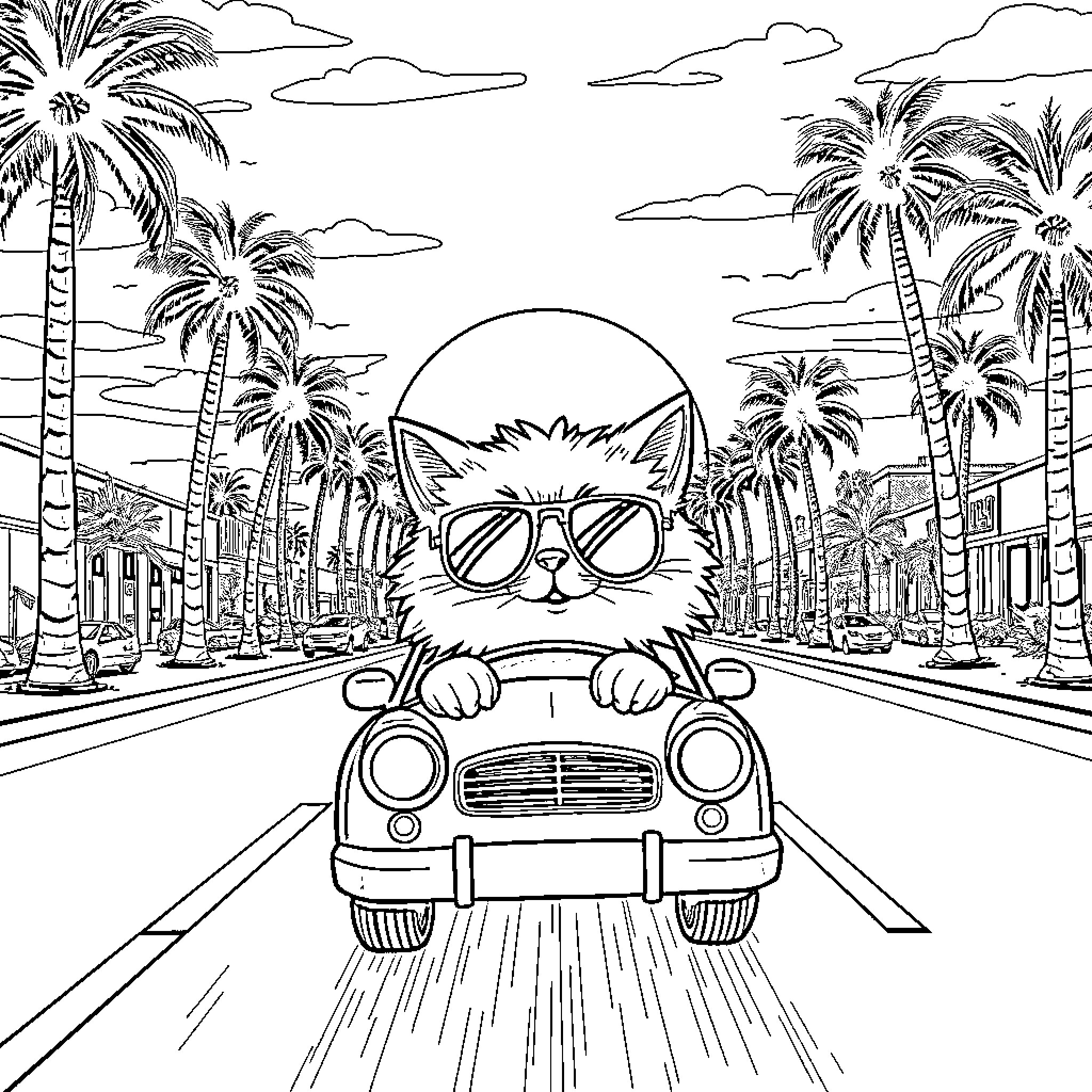 Cat driving a car through a tropical paradise Coloring Page (free black-and-white line drawing printable PDF for all, from beginners to advanced learners, including children, teens, adults, and seniors)