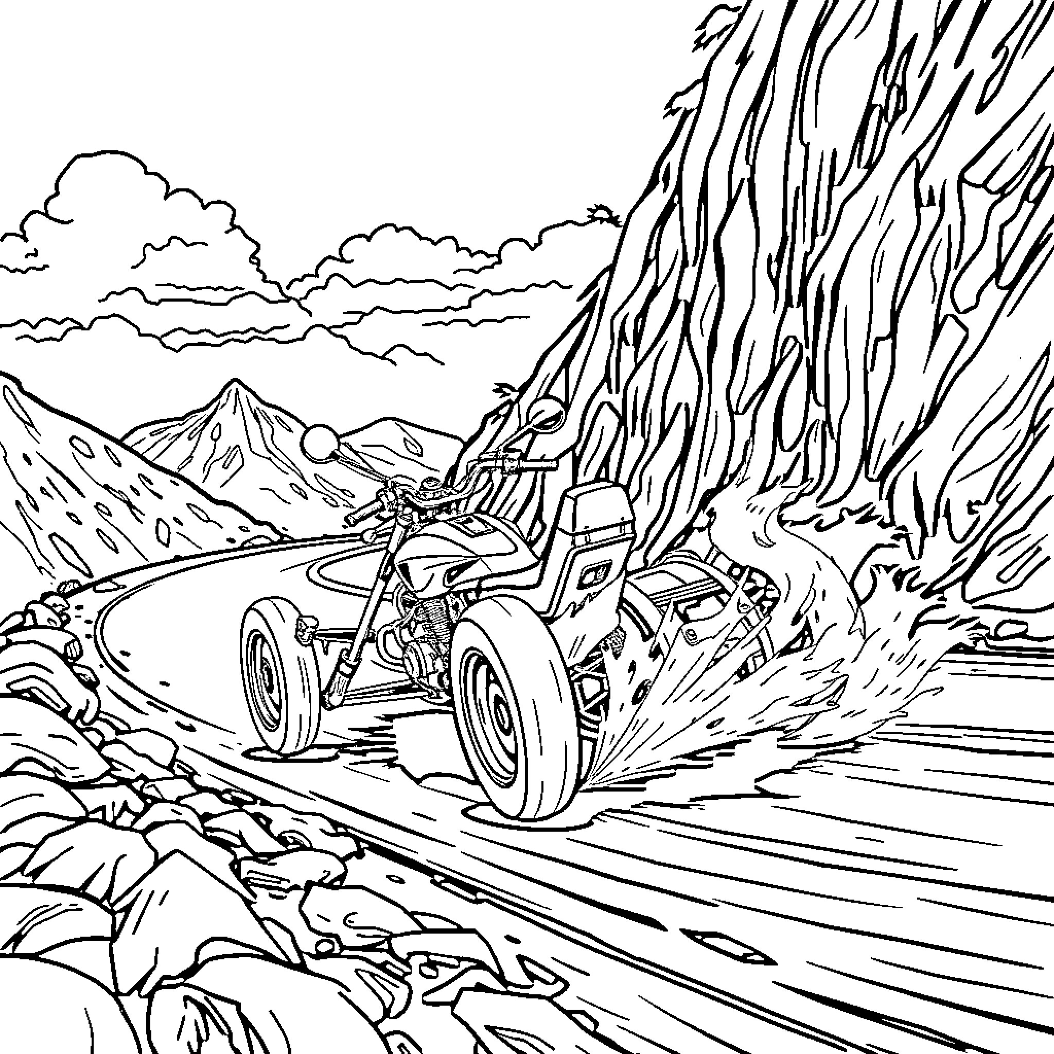 Drift Trike racing through rugged mountain landscape Coloring Page (free black-and-white line drawing printable PDF for all, from beginners to advanced learners, including children, teens, adults, and seniors)