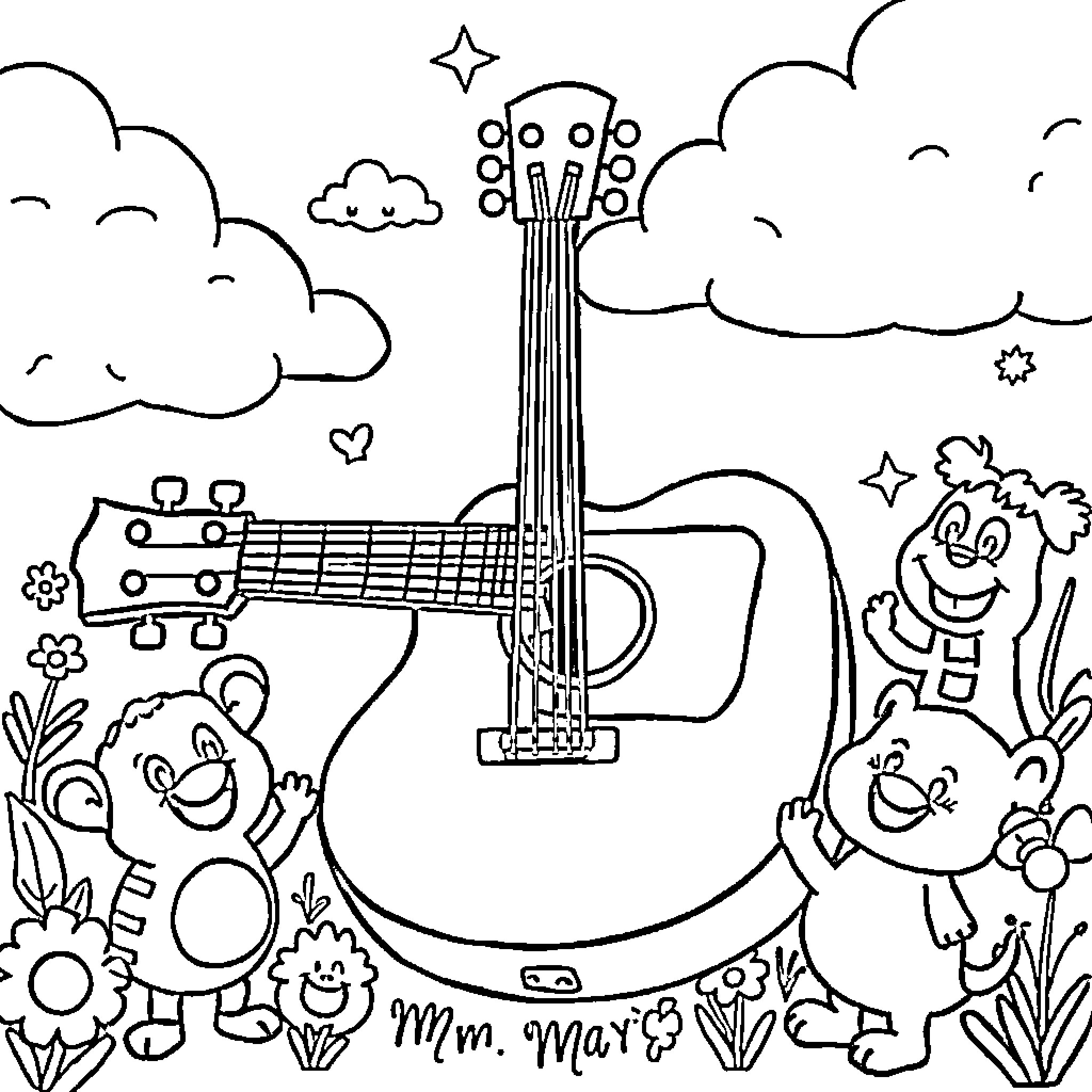 Guitar surrounded by playful characters in a whimsical outdoor scene Coloring Page (free black-and-white line drawing printable PDF for all, from beginners to advanced learners, including children, teens, adults, and seniors)