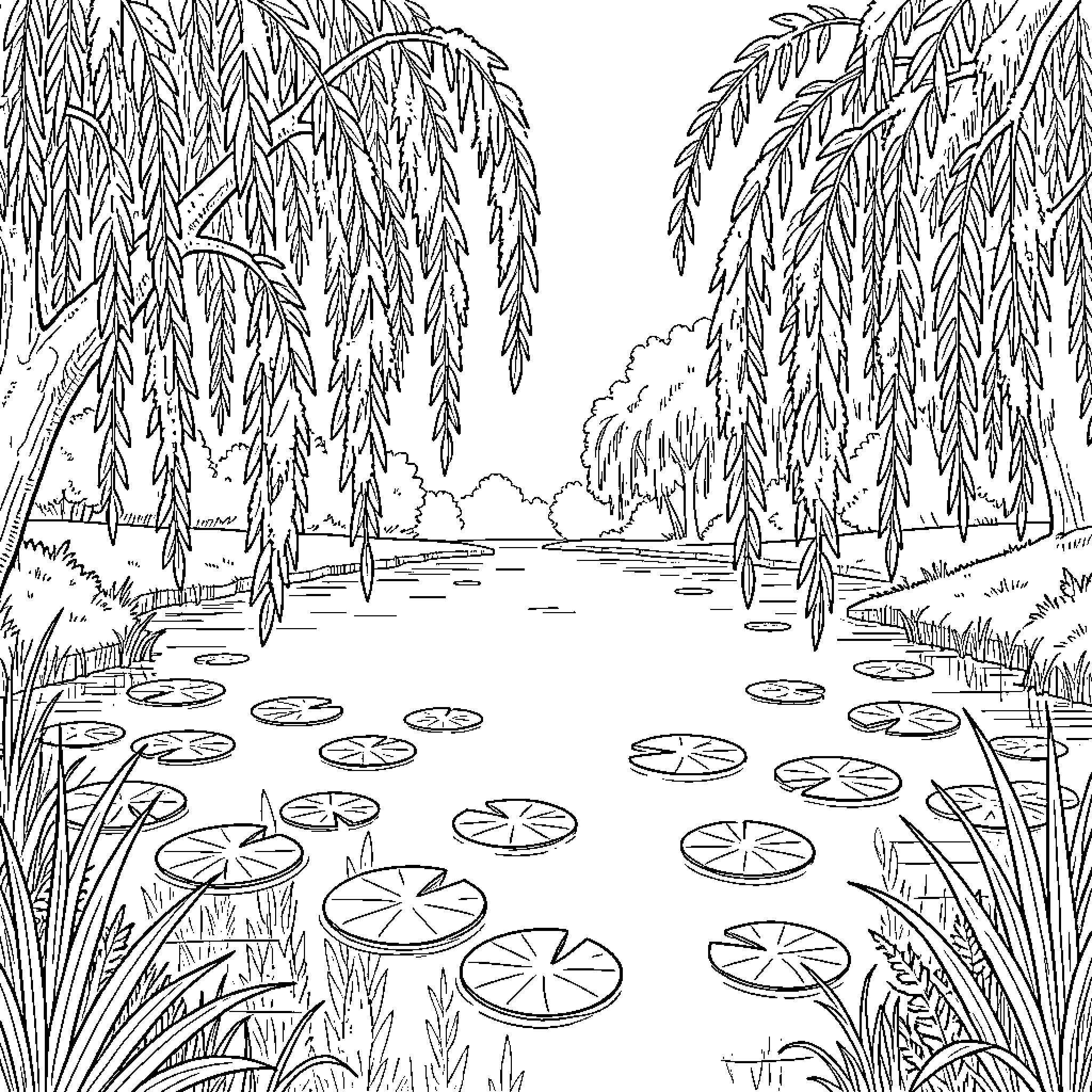 Lake surrounded by weeping willow trees and lily pads Coloring Page (free black-and-white line drawing printable PDF for all, from beginners to advanced learners, including children, teens, adults, and seniors)
