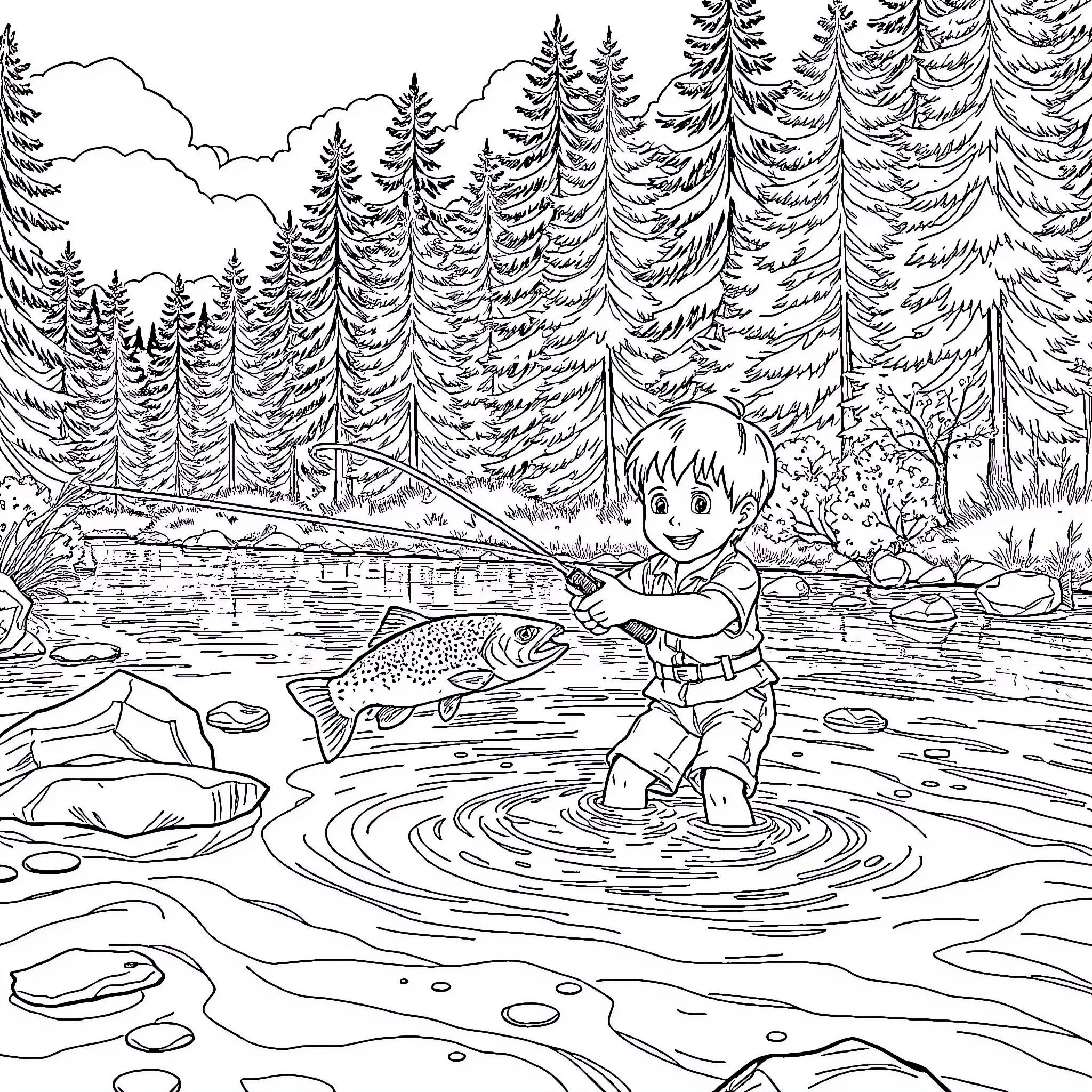 Boy fishing in serene woodland stream Coloring Page (free black-and-white line drawing printable PDF for all, from beginners to advanced learners, including children, teens, adults, and seniors)