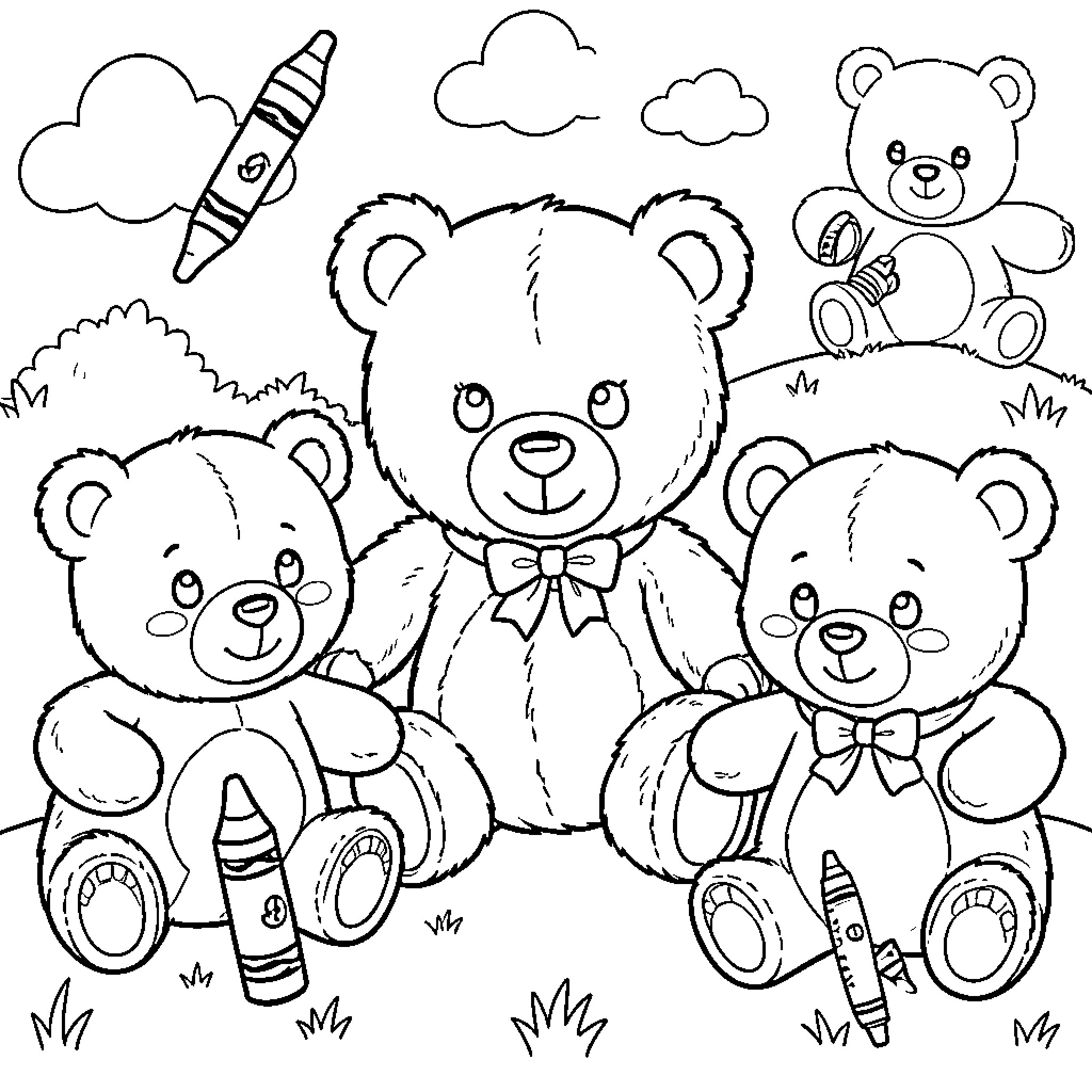 Bear family playing with crayons in the park Coloring Page (free black-and-white line drawing printable PDF for all, from beginners to advanced learners, including children, teens, adults, and seniors)