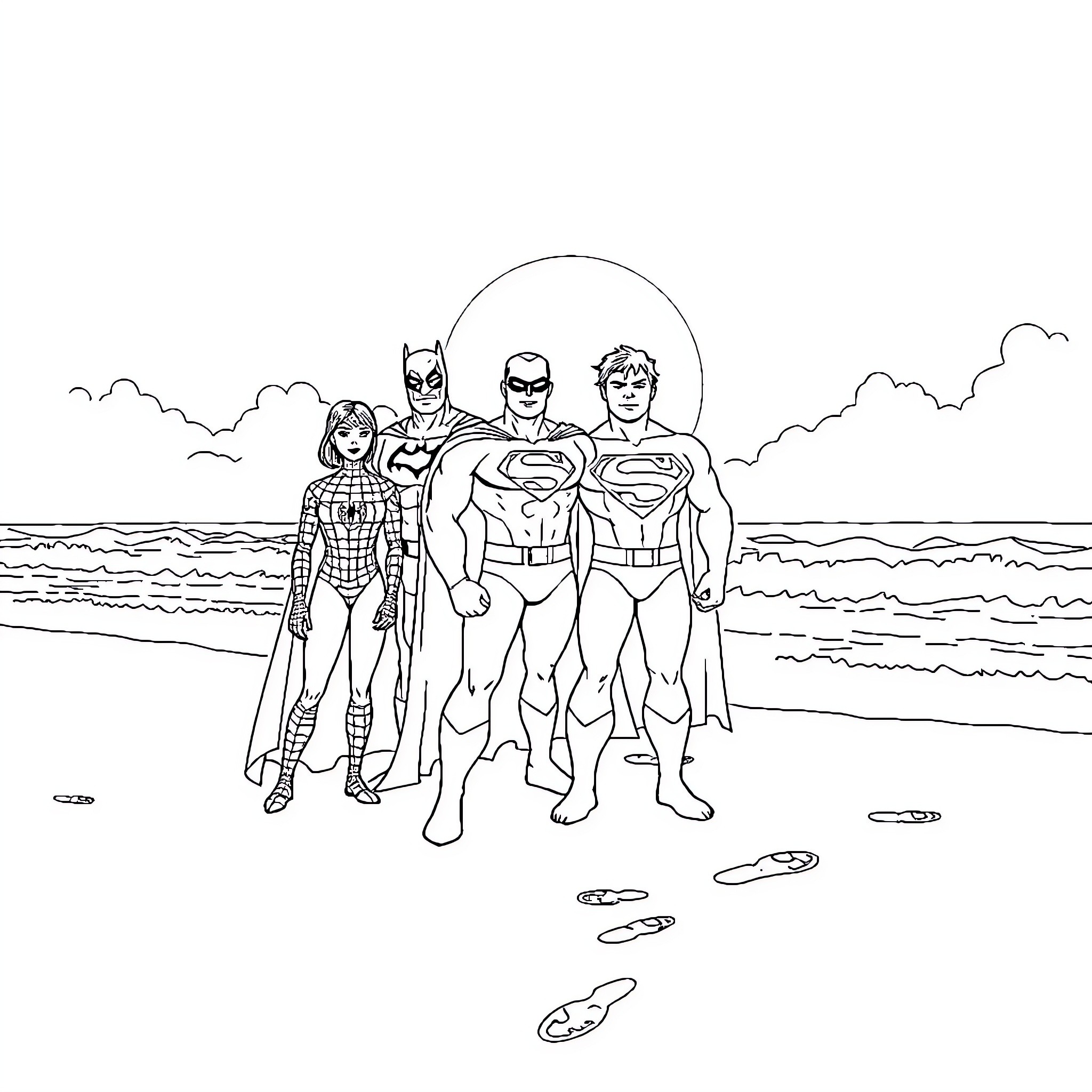 Superheroes standing confidently on the beach Coloring Page (free black-and-white line drawing printable PDF for all, from beginners to advanced learners, including children, teens, adults, and seniors)