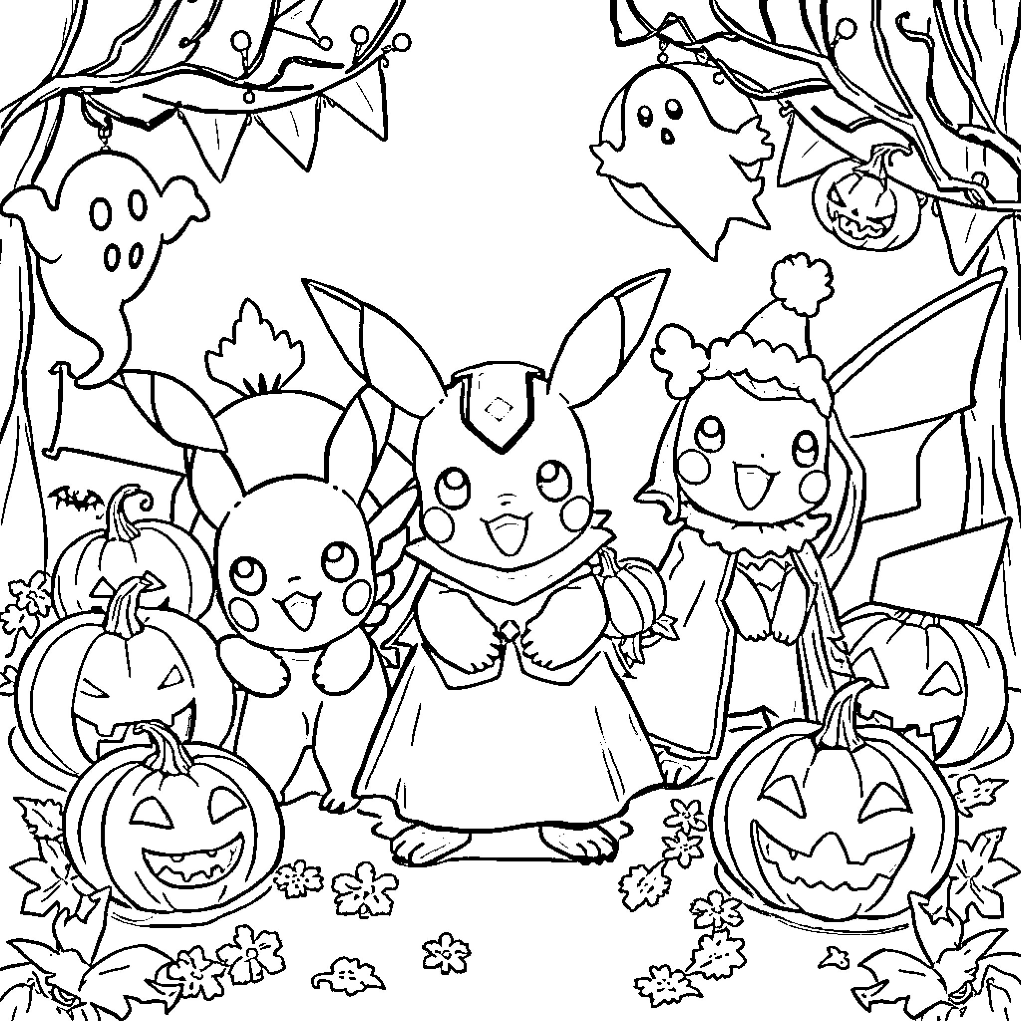 Pokémon celebrating a spooky Halloween party Coloring Page (free black-and-white line drawing printable PDF for all, from beginners to advanced learners, including children, teens, adults, and seniors)