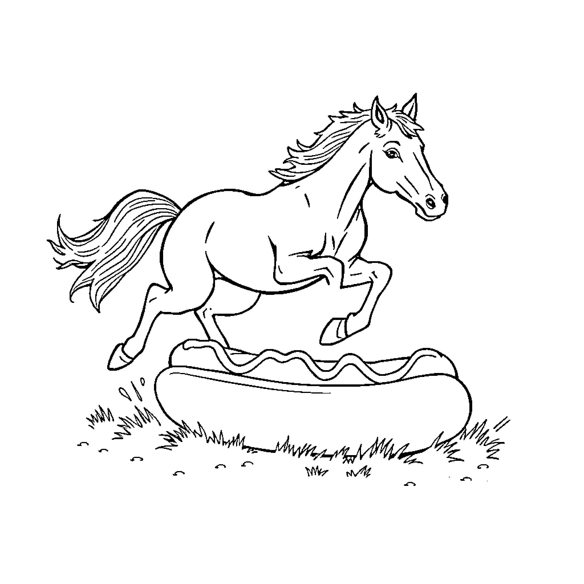 Horse galloping freely on grassy field Coloring Page (free black-and-white line drawing printable PDF for all, from beginners to advanced learners, including children, teens, adults, and seniors)