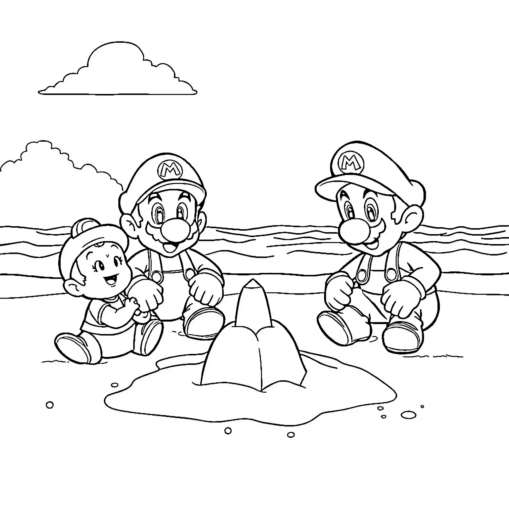 Mario and Luigi playing on the beach Coloring Page (free black-and-white line drawing printable PDF for all, from beginners to advanced learners, including children, teens, adults, and seniors)
