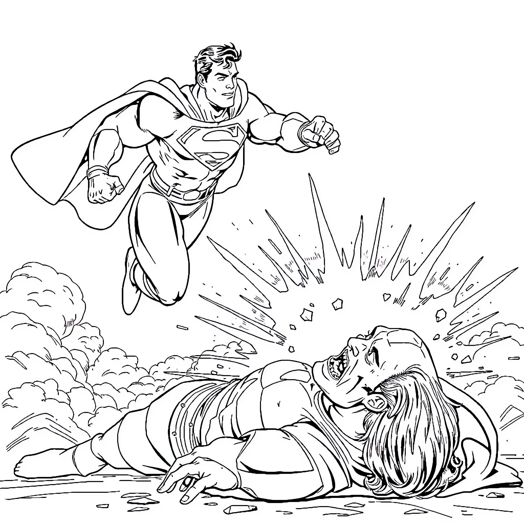 Superman Saves Citizen from Danger Coloring Page (free black-and-white line drawing printable PDF for all, from beginners to advanced learners, including children, teens, adults, and seniors)