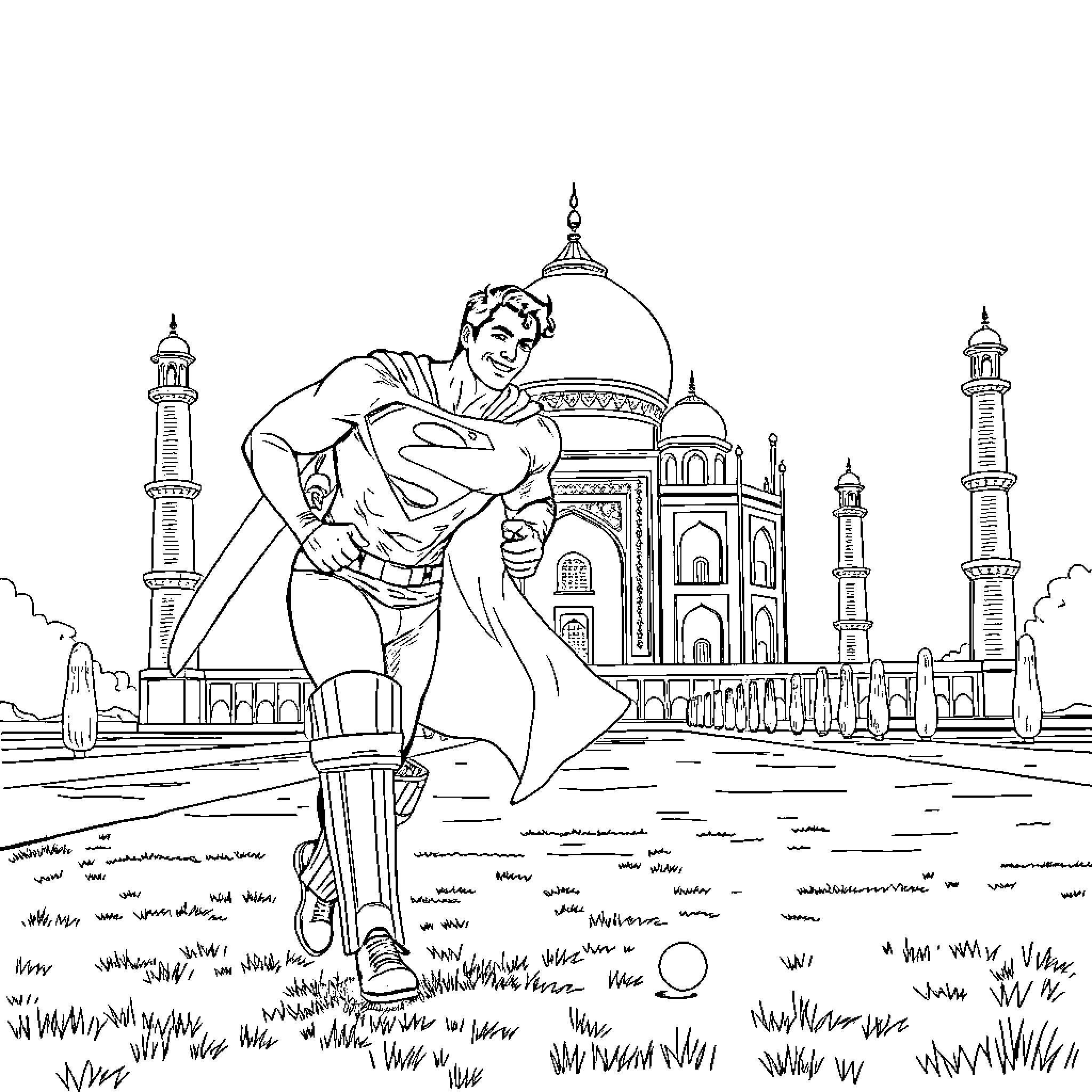 Superman in action near the Taj Mahal Coloring Page (free black-and-white line drawing printable PDF for all, from beginners to advanced learners, including children, teens, adults, and seniors)