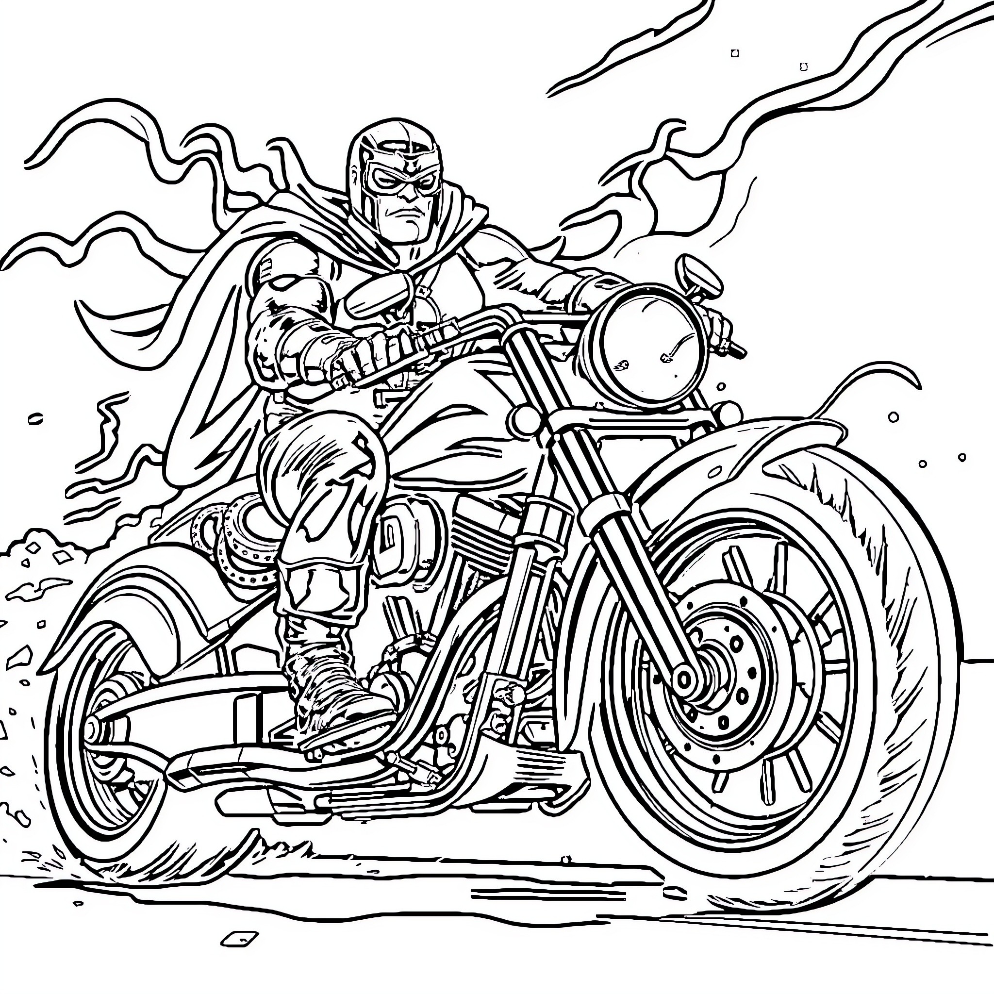 Lobo riding a powerful motorcycle on the open road Coloring Page (free black-and-white line drawing printable PDF for all, from beginners to advanced learners, including children, teens, adults, and seniors)