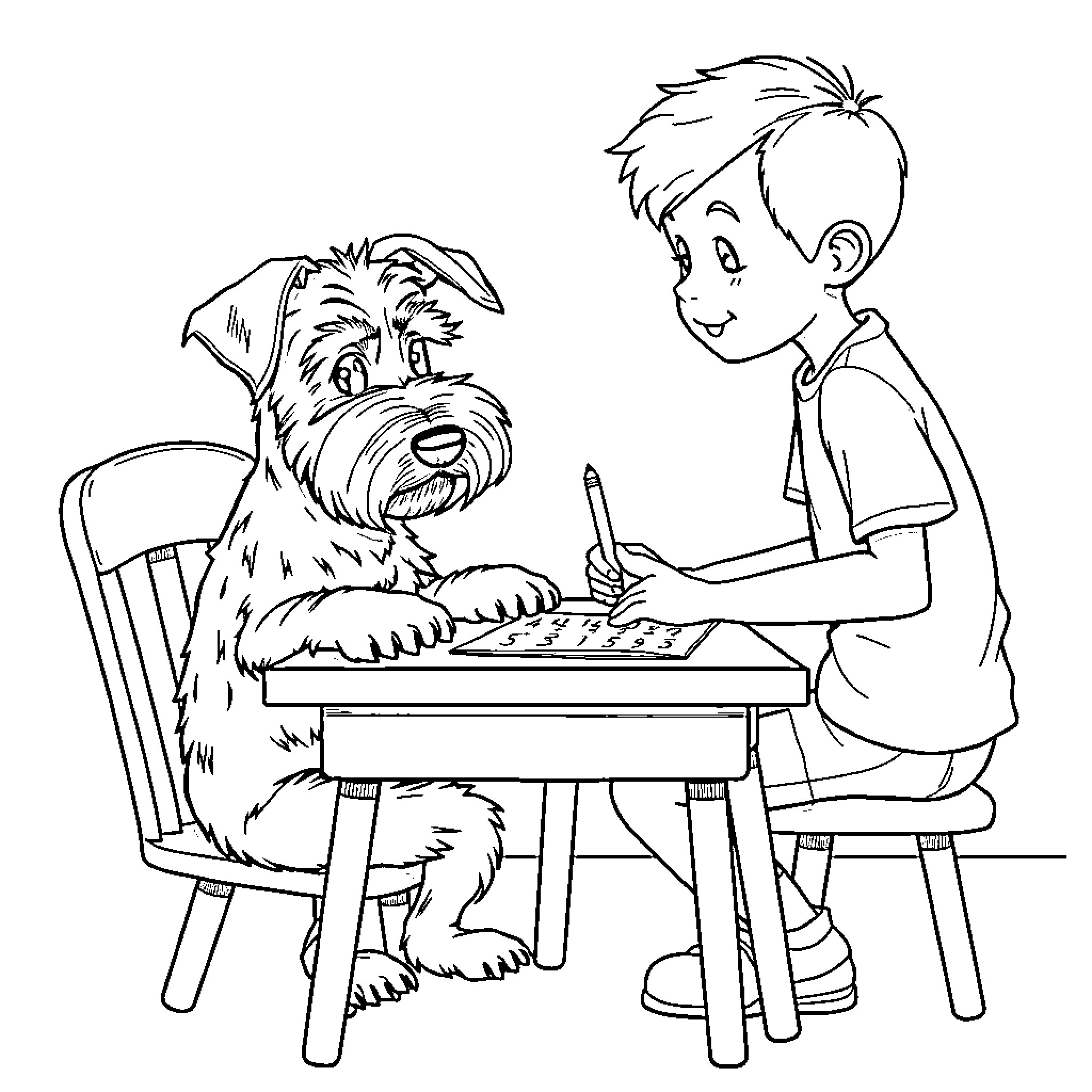 Schnauzer drawing with a boy at the table Coloring Page (free black-and-white line drawing printable PDF for all, from beginners to advanced learners, including children, teens, adults, and seniors)