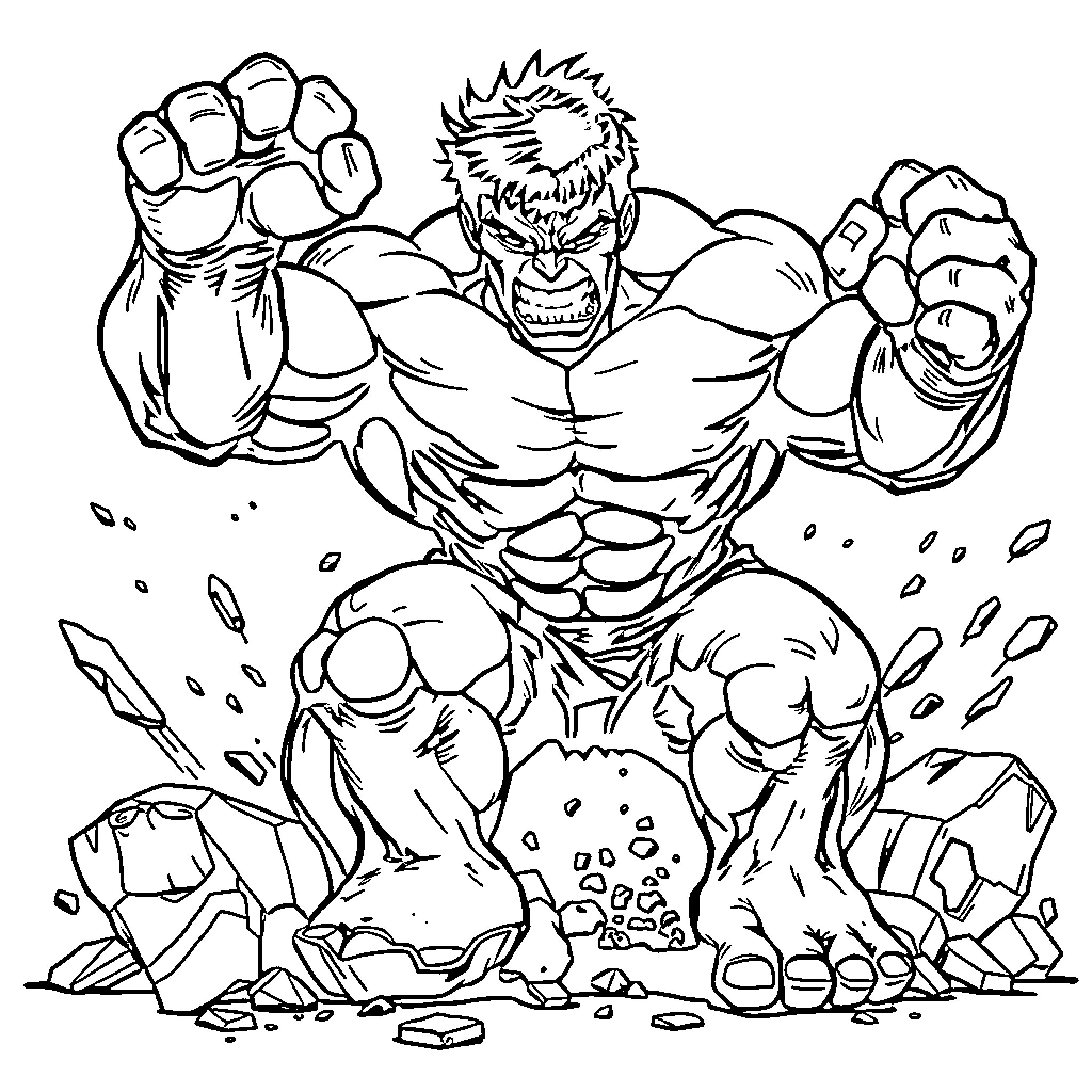 Hulk Smashing through Debris and Obstacles Coloring Page (free black-and-white line drawing printable PDF for all, from beginners to advanced learners, including children, teens, adults, and seniors)