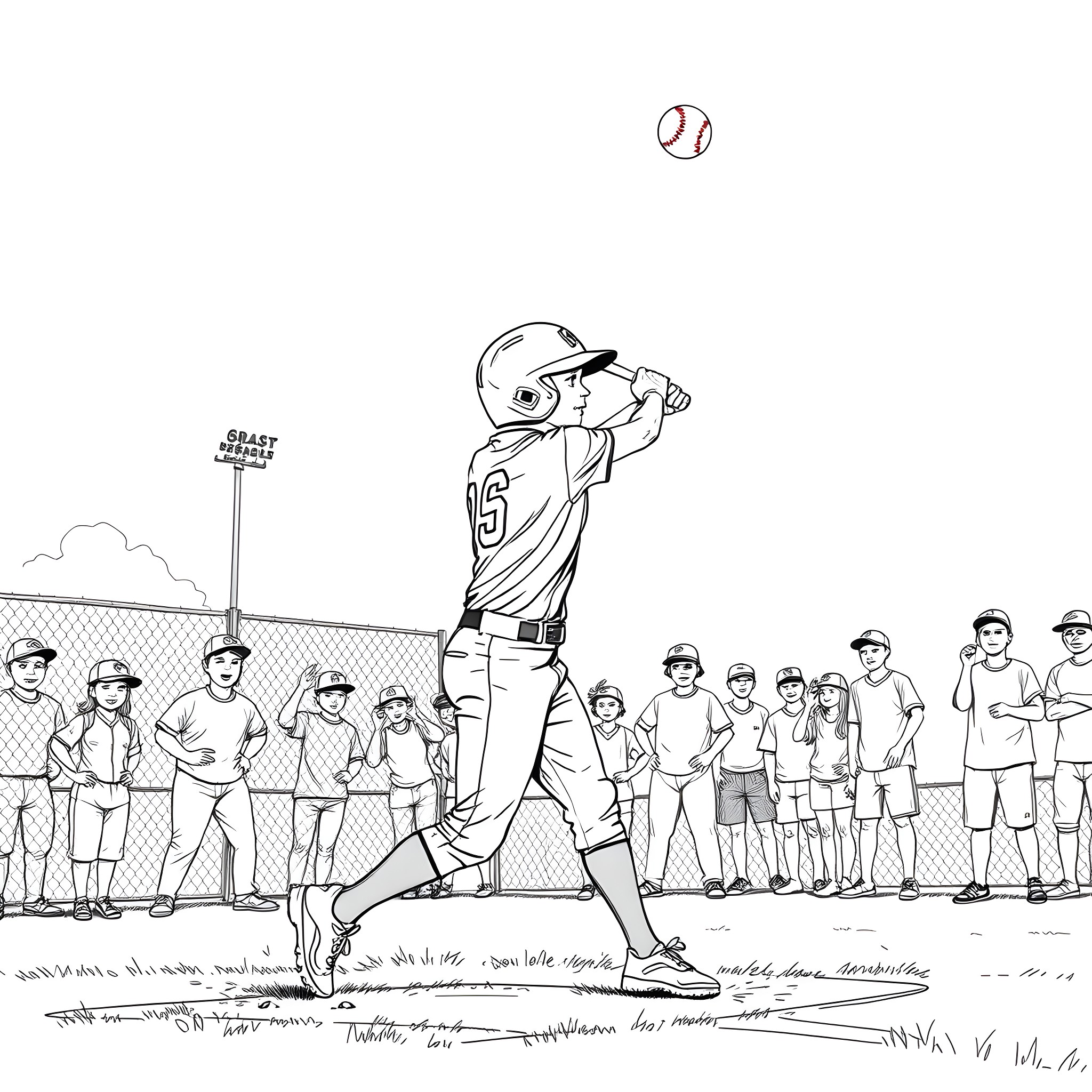 Softball player batting with team watching Coloring Page (free black-and-white line drawing printable PDF for all, from beginners to advanced learners, including children, teens, adults, and seniors)