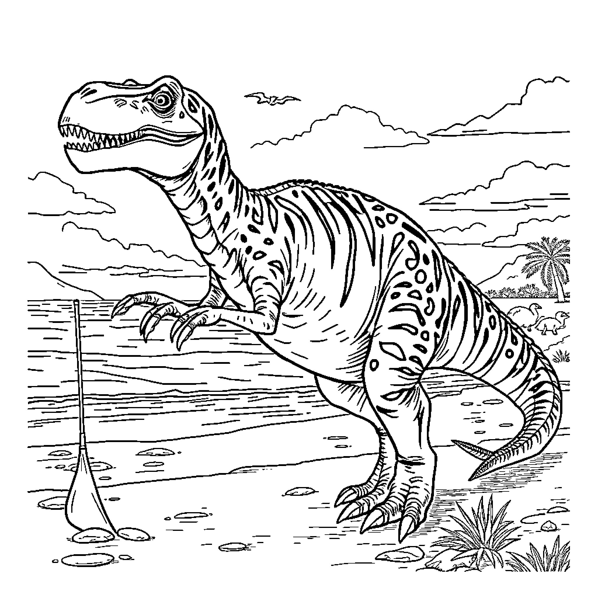 Baryonyx hunting by the shoreline Coloring Page (free black-and-white line drawing printable PDF for all, from beginners to advanced learners, including children, teens, adults, and seniors)