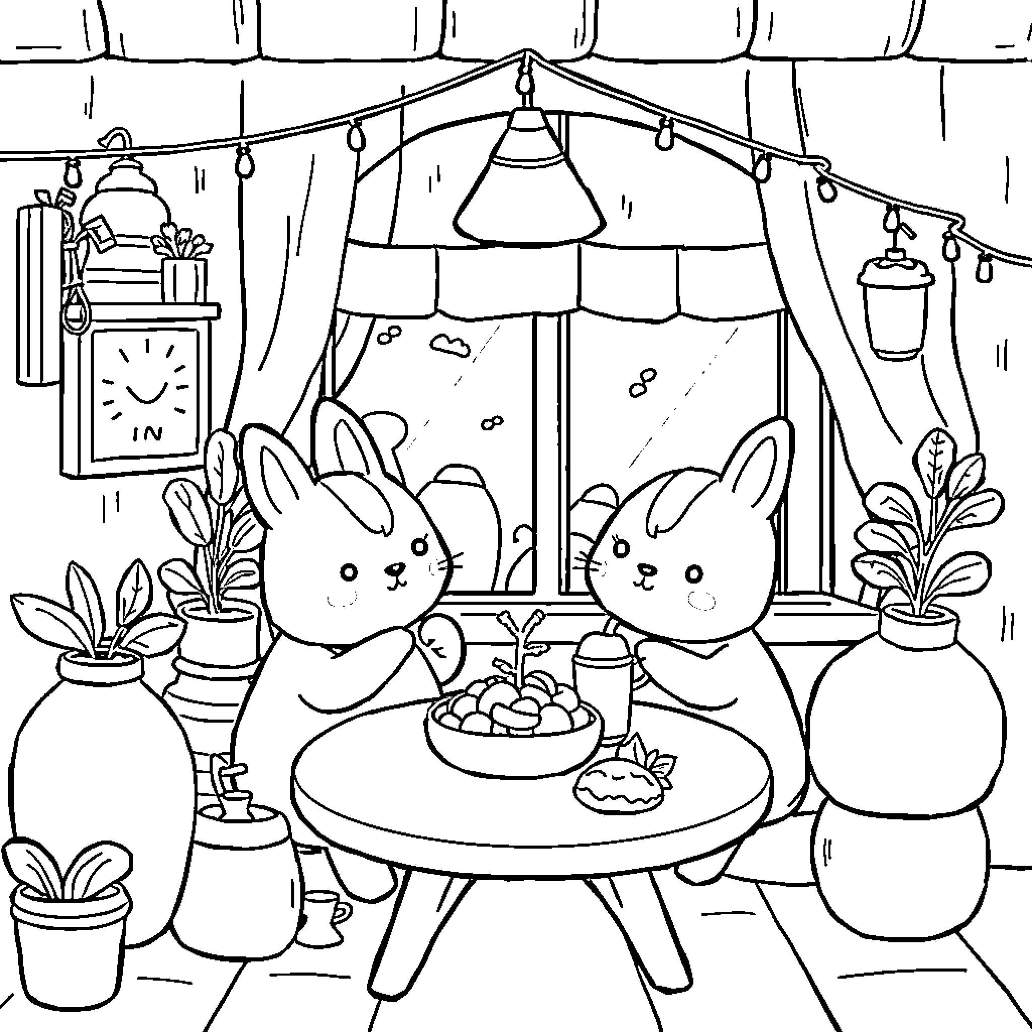 Anthropomorphic Bunnies Enjoying Cozy Cafe Scene Coloring Page (free black-and-white line drawing printable PDF for all, from beginners to advanced learners, including children, teens, adults, and seniors)