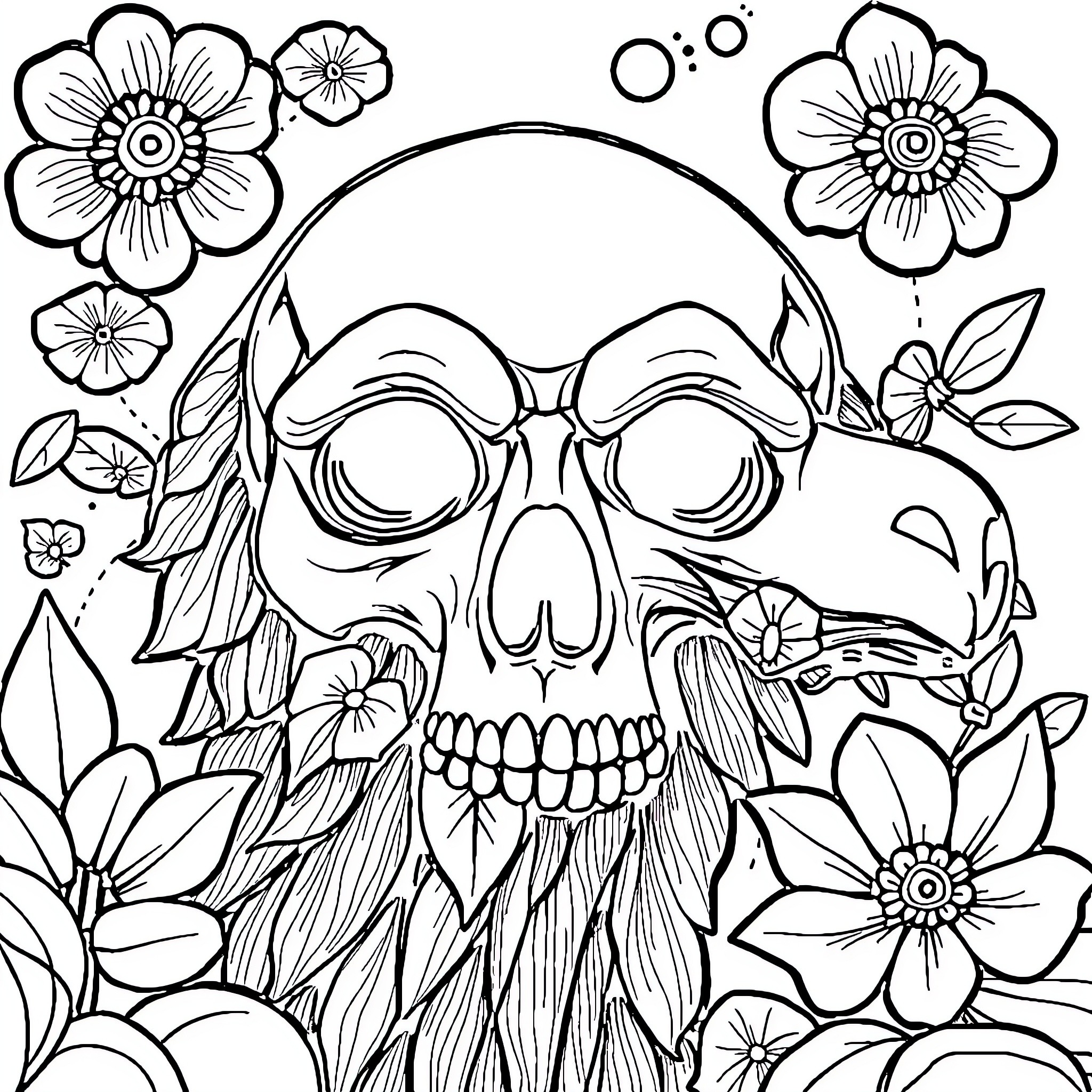 Skull surrounded by floral elements Coloring Page (free black-and-white line drawing printable PDF for all, from beginners to advanced learners, including children, teens, adults, and seniors)