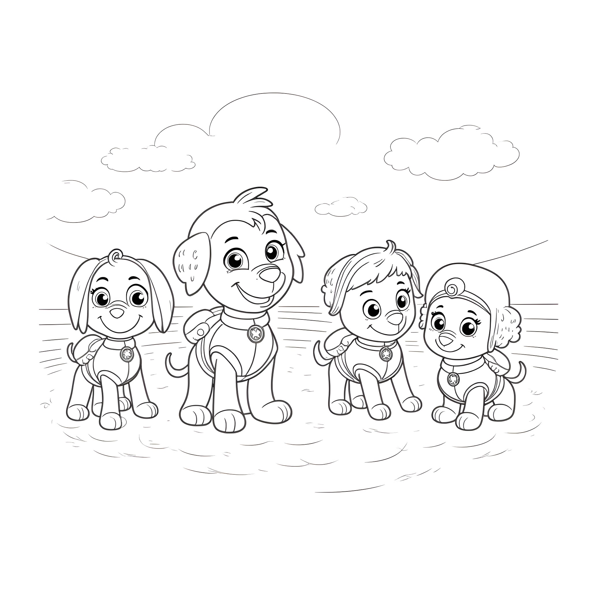 Paw Patrol team in action on the beach Coloring Page (free black-and-white line drawing printable PDF for all, from beginners to advanced learners, including children, teens, adults, and seniors)