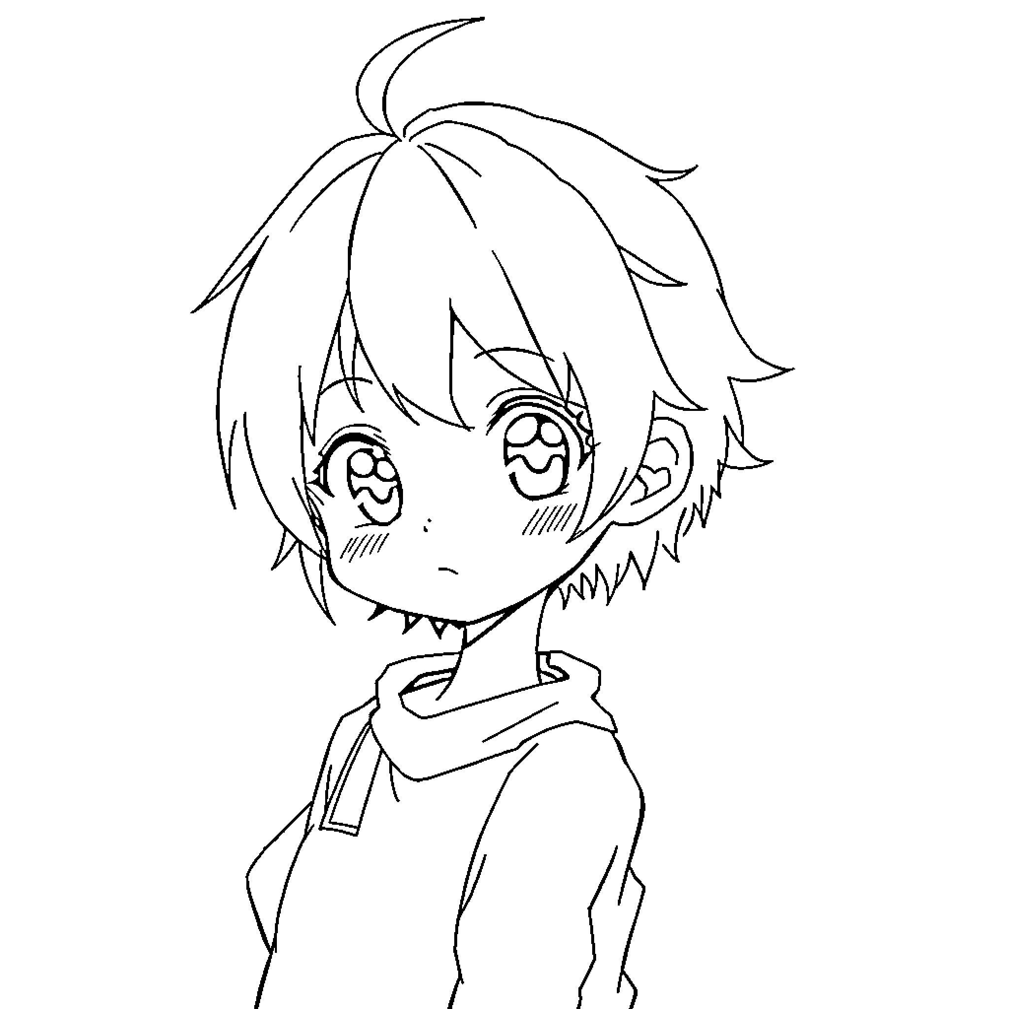 Anime Girl with Expressive Eyes and Tousled Hair Coloring Page (free black-and-white line drawing printable PDF for all, from beginners to advanced learners, including children, teens, adults, and seniors)