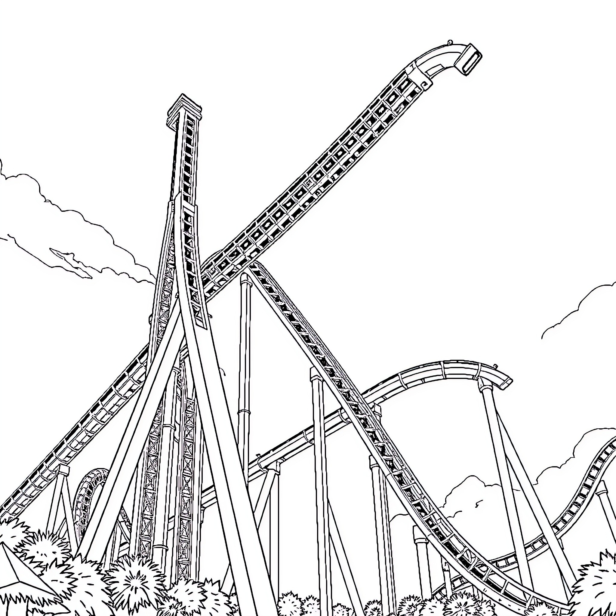 Kingda Ka roller coaster in motion with dramatic scenery Coloring Page (free black-and-white line drawing printable PDF for all, from beginners to advanced learners, including children, teens, adults, and seniors)