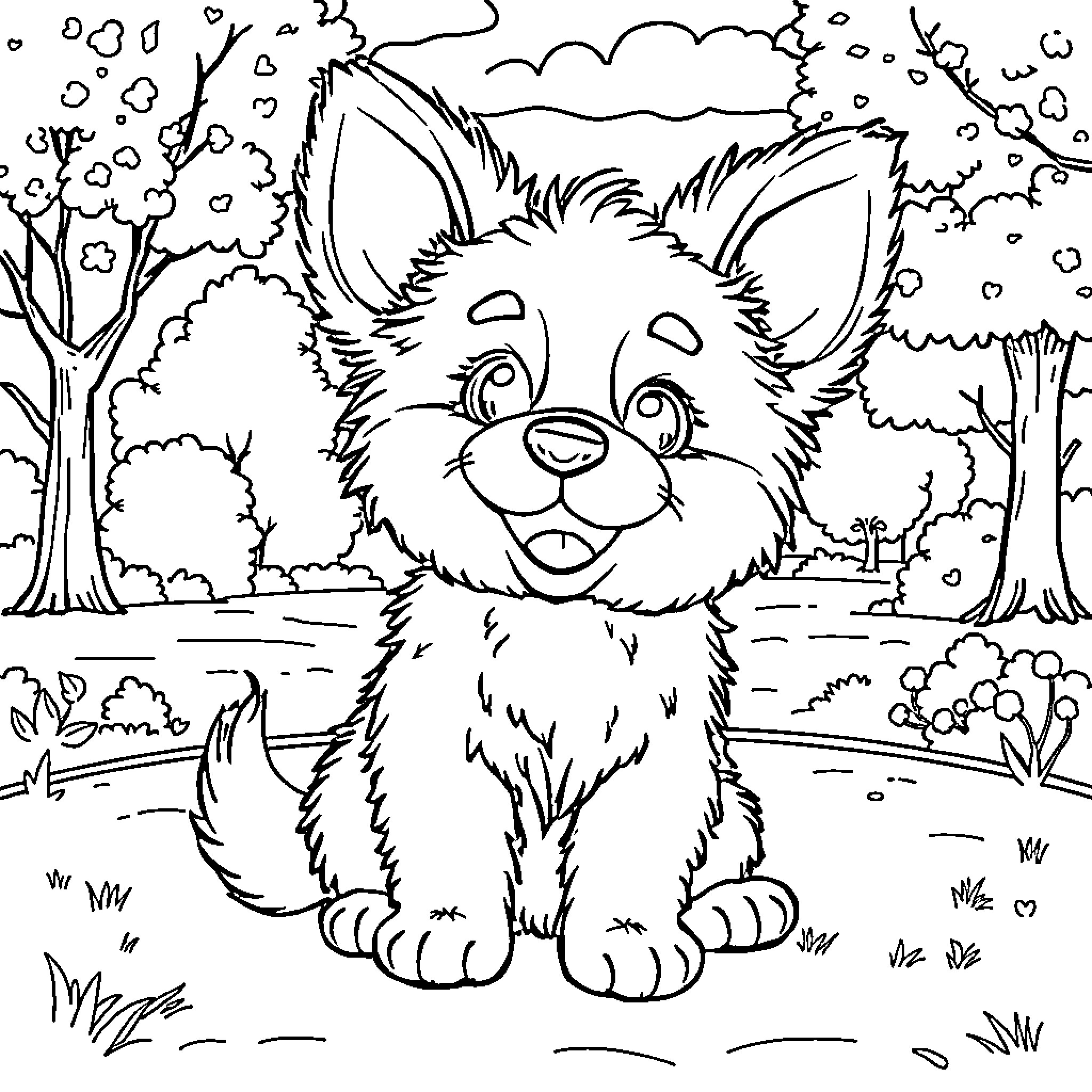 Sinamorol's Playful Adventure in the Enchanted Forest Coloring Page (free black-and-white line drawing printable PDF for all, from beginners to advanced learners, including children, teens, adults, and seniors)