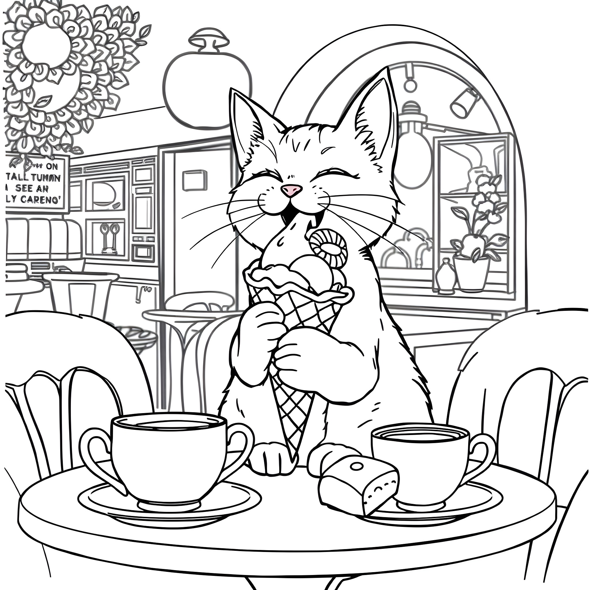 Cat enjoying a cozy cafe scene Coloring Page (free black-and-white line drawing printable PDF for all, from beginners to advanced learners, including children, teens, adults, and seniors)