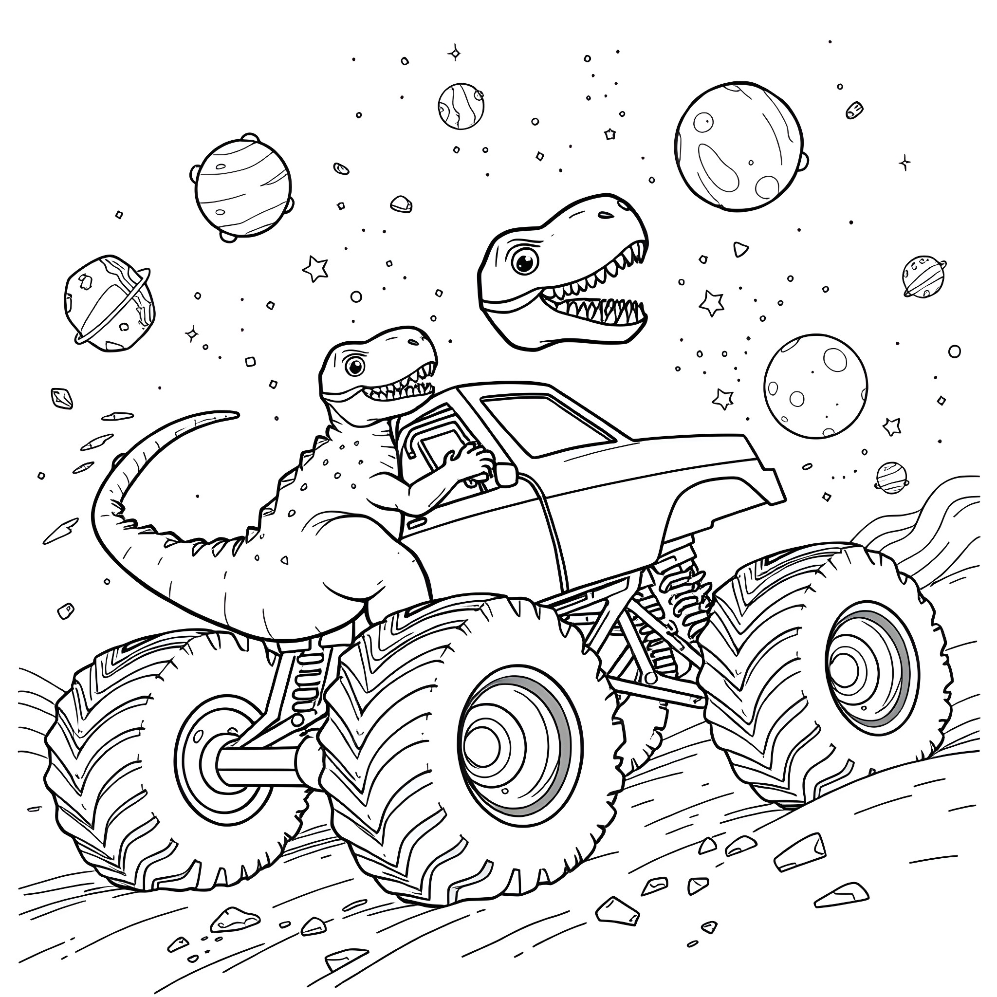 Dinosaur Monster Truck Crushes Through Cosmic Landscape Coloring Page (free black-and-white line drawing printable PDF for all, from beginners to advanced learners, including children, teens, adults, and seniors)