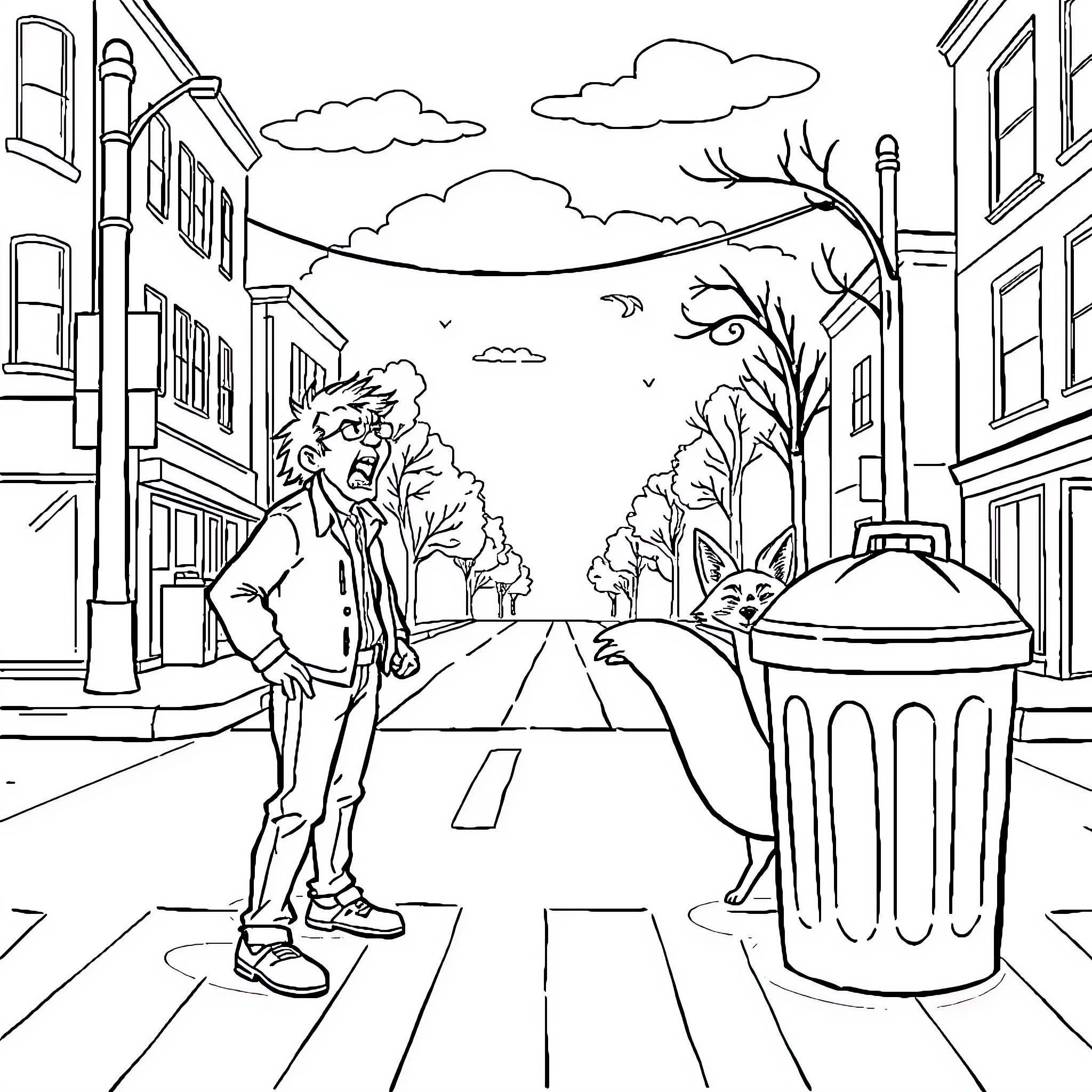 Man standing on city street with trash can Coloring Page (free black-and-white line drawing printable PDF for all, from beginners to advanced learners, including children, teens, adults, and seniors)