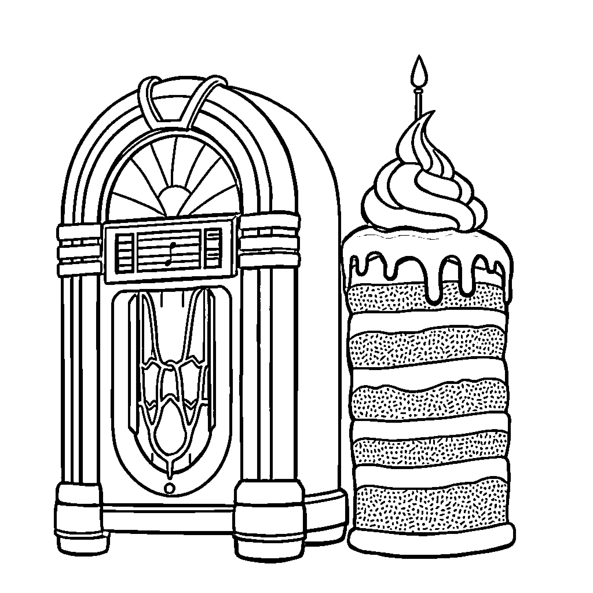 Jukebox and Birthday Cake Coloring Page (free black-and-white line drawing printable PDF for all, from beginners to advanced learners, including children, teens, adults, and seniors)