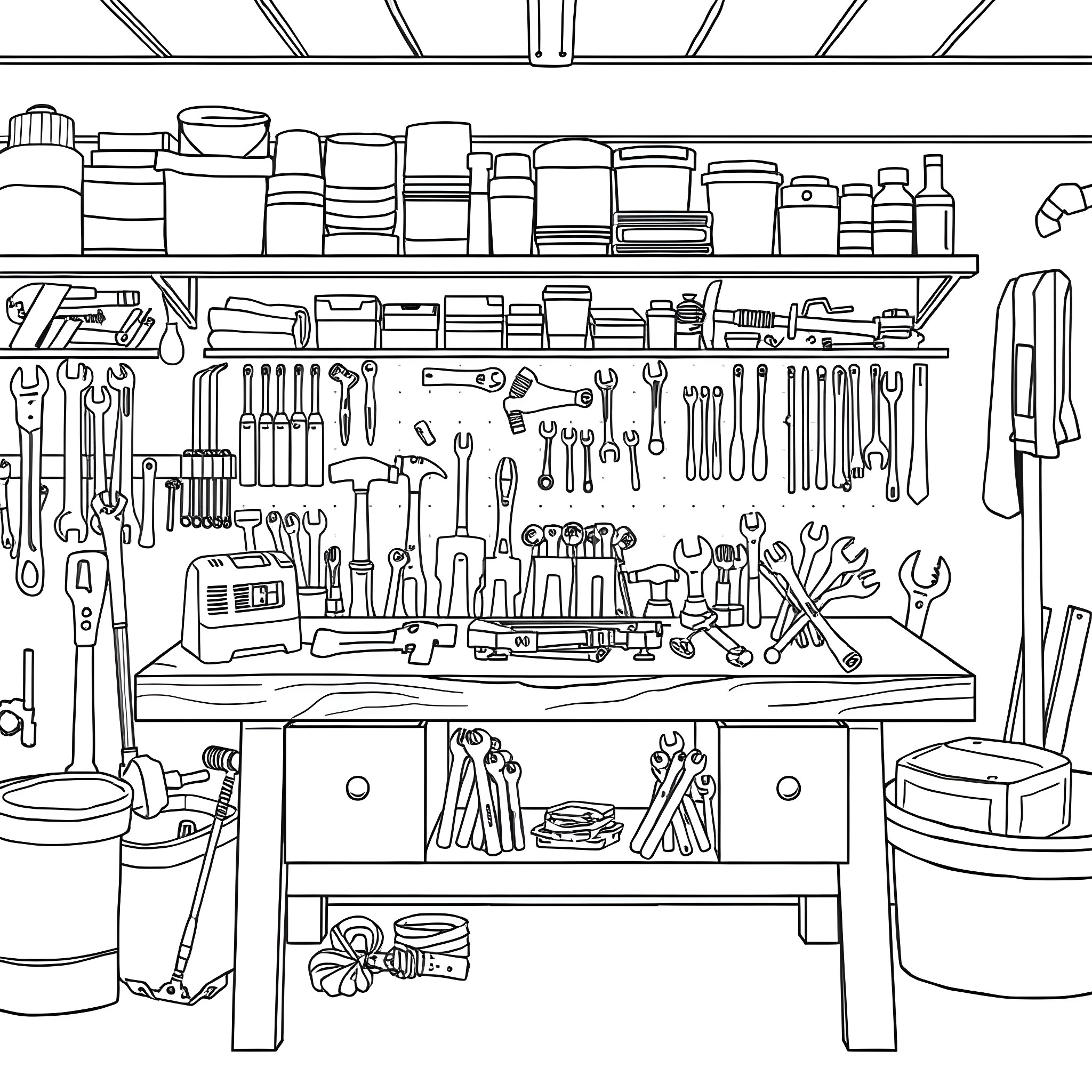 Tool Shed with Variety of Equipment and Supplies Coloring Page (free black-and-white line drawing printable PDF for all, from beginners to advanced learners, including children, teens, adults, and seniors)