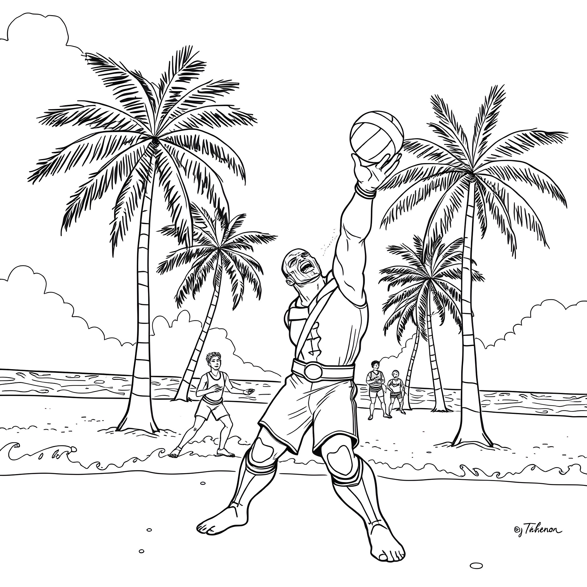 Thanos triumphant on a tropical beach Coloring Page (free black-and-white line drawing printable PDF for all, from beginners to advanced learners, including children, teens, adults, and seniors)