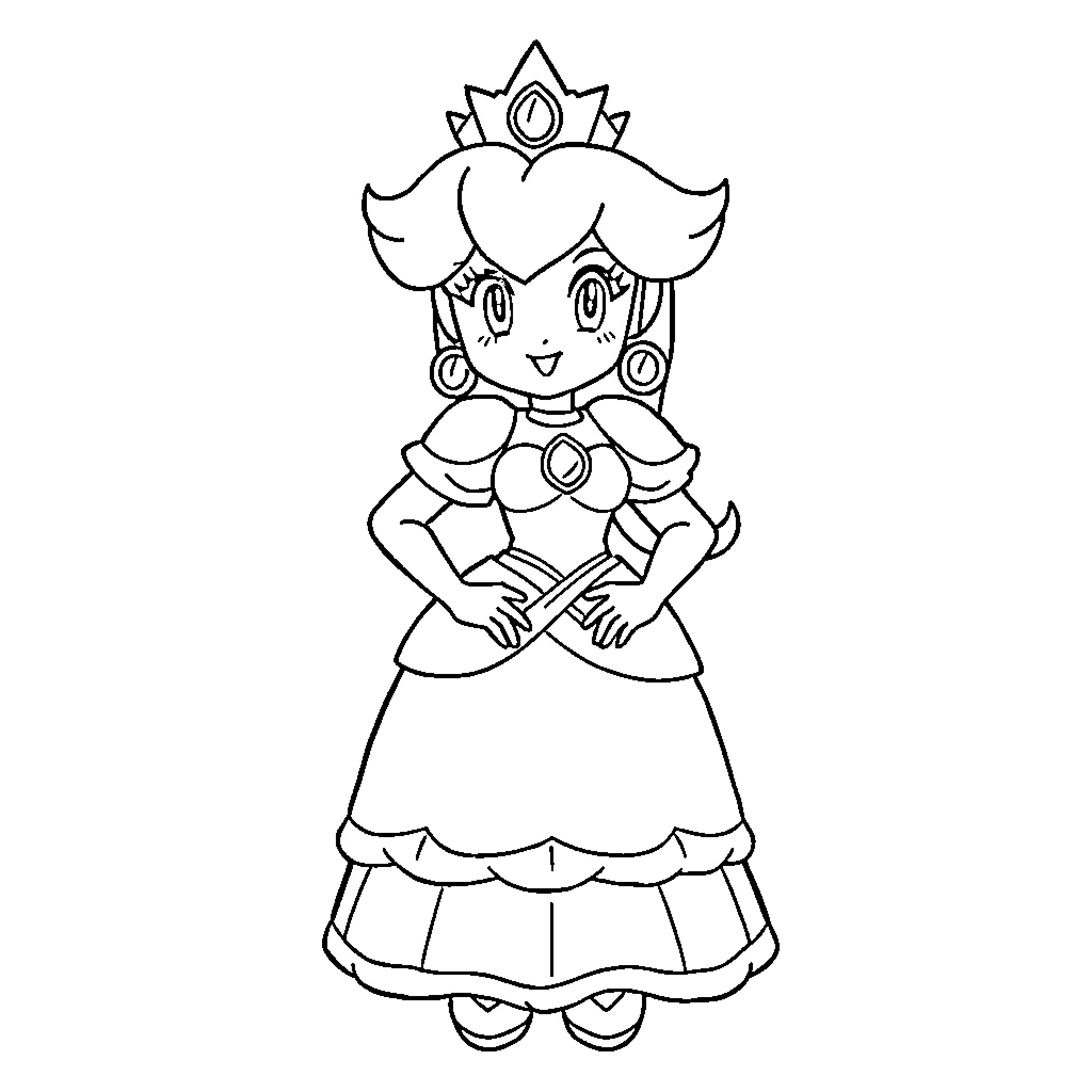 Princess in Elegant Dress Posing Gracefully Coloring Page (free black-and-white line drawing printable PDF for all, from beginners to advanced learners, including children, teens, adults, and seniors)