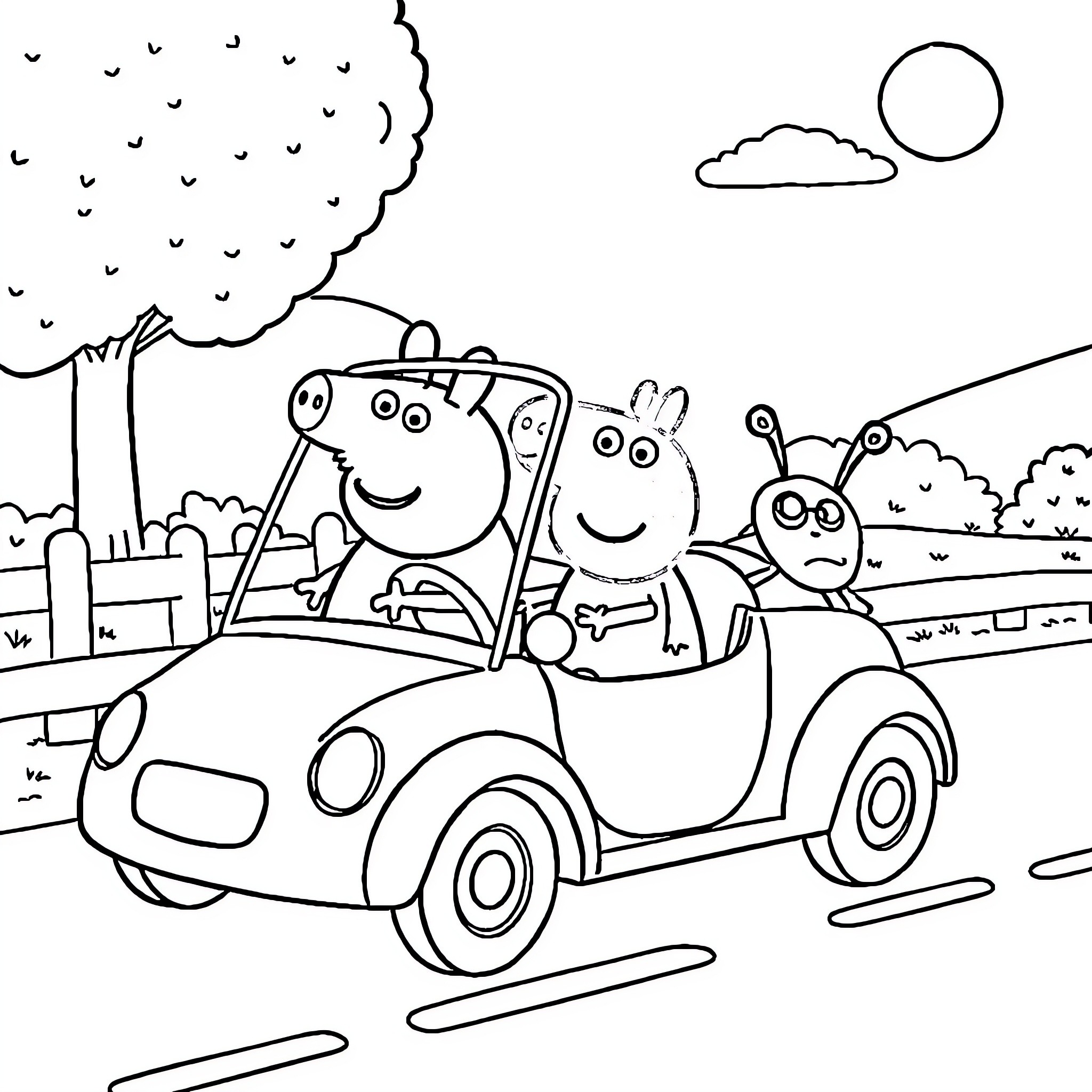 Peppa Pig Family Driving Carefree in Car Coloring Page (free black-and-white line drawing printable PDF for all, from beginners to advanced learners, including children, teens, adults, and seniors)