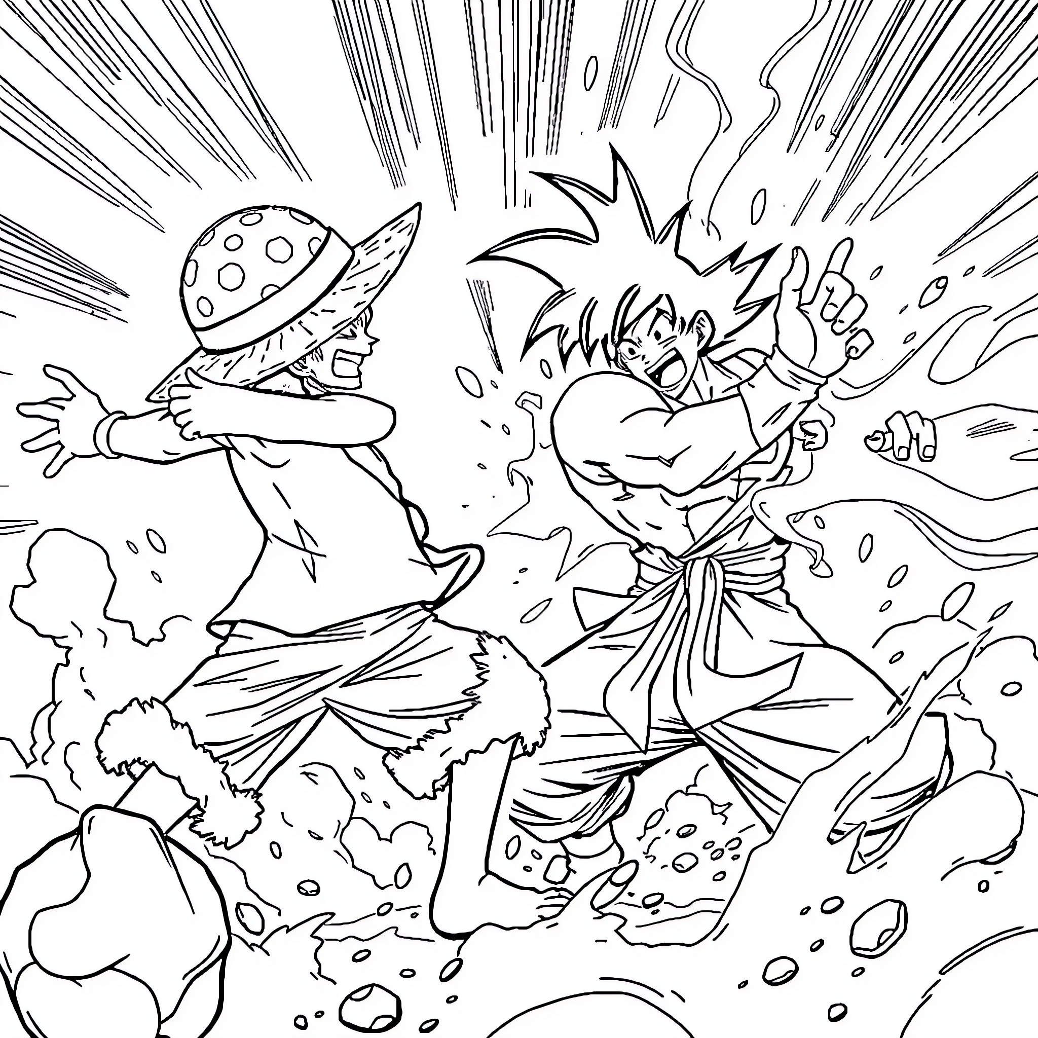 Monkey D Luffy's Powerful Punch in an Action-Packed Scene Coloring Page (free black-and-white line drawing printable PDF for all, from beginners to advanced learners, including children, teens, adults, and seniors)