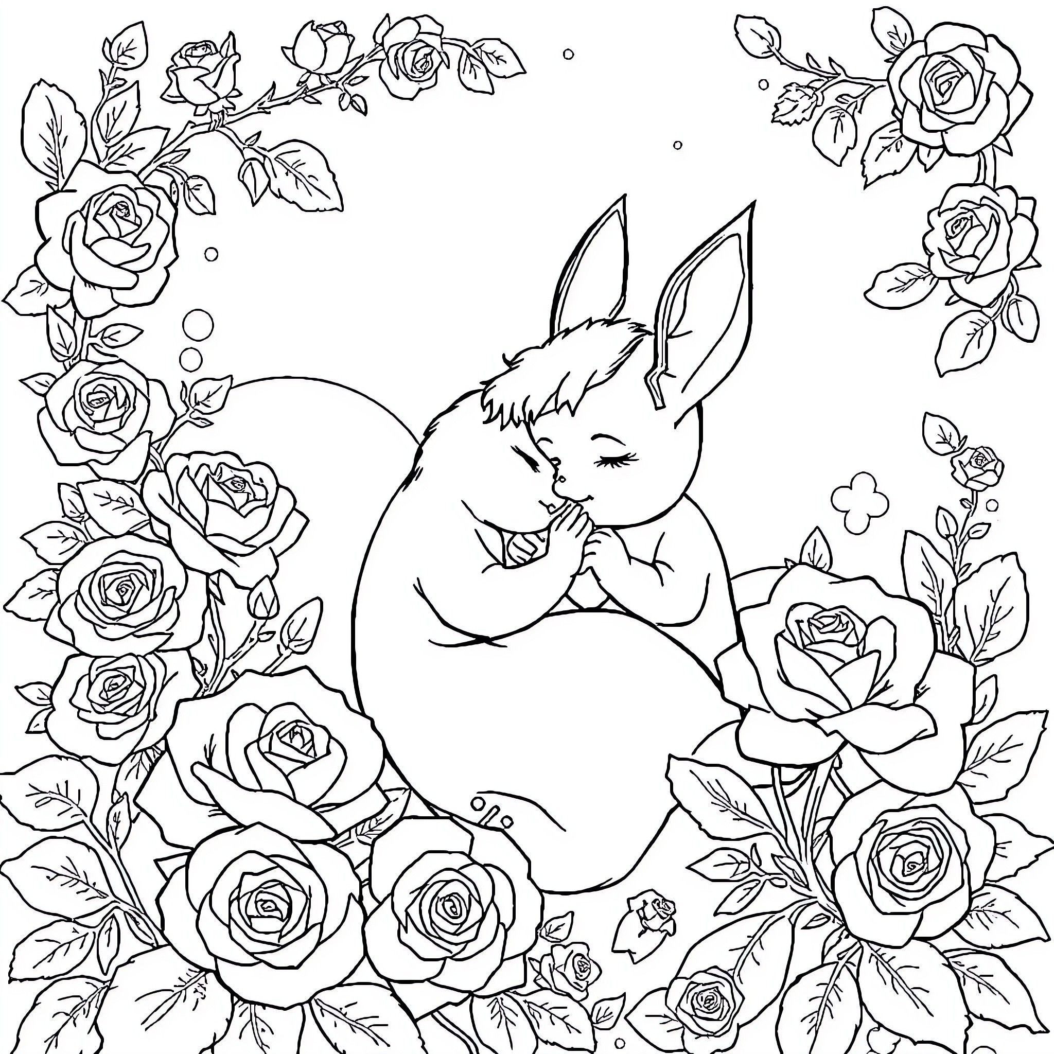 Cinderella's Enchanting Rabbit in a Floral Wonderland Coloring Page (free black-and-white line drawing printable PDF for all, from beginners to advanced learners, including children, teens, adults, and seniors)
