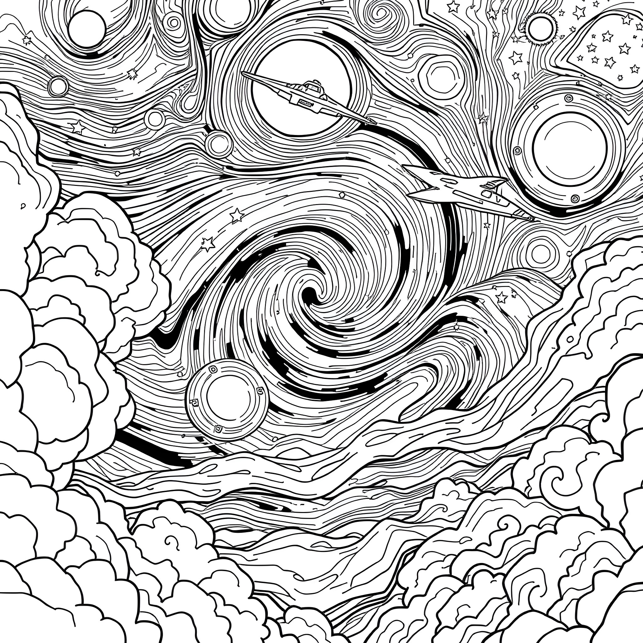 Spaceship soaring through cosmic swirls Coloring Page (free black-and-white line drawing printable PDF for all, from beginners to advanced learners, including children, teens, adults, and seniors)