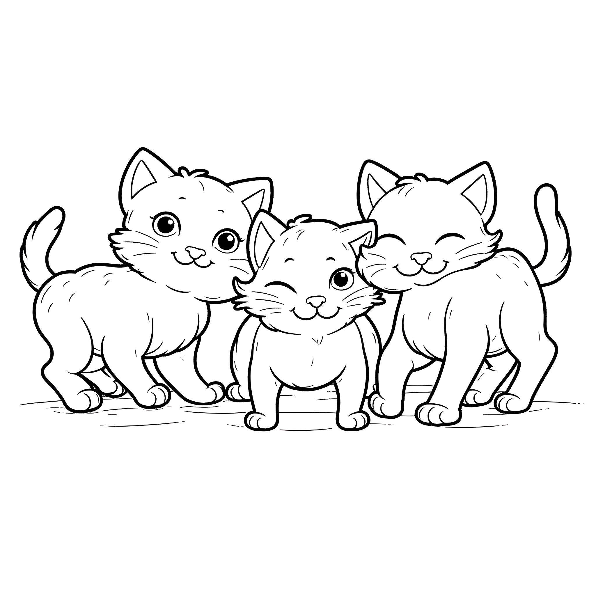 Kitten Trio Enjoying Playtime Together Coloring Page (free black-and-white line drawing printable PDF for all, from beginners to advanced learners, including children, teens, adults, and seniors)