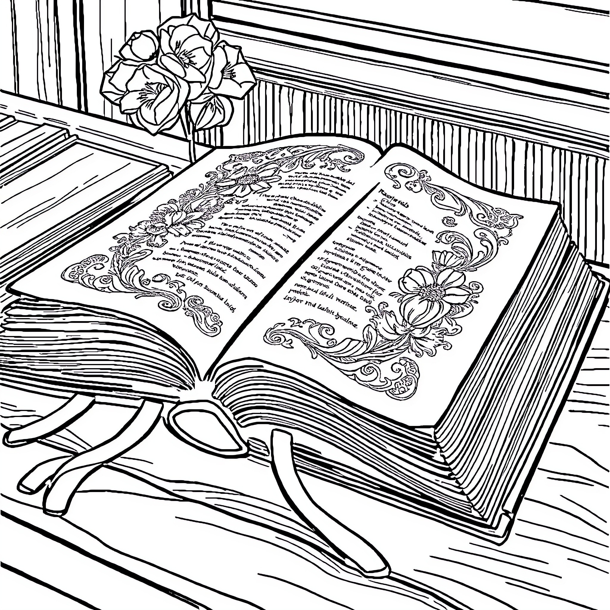 Bible with Ornate Floral Decorations Coloring Page (free black-and-white line drawing printable PDF for all, from beginners to advanced learners, including children, teens, adults, and seniors)