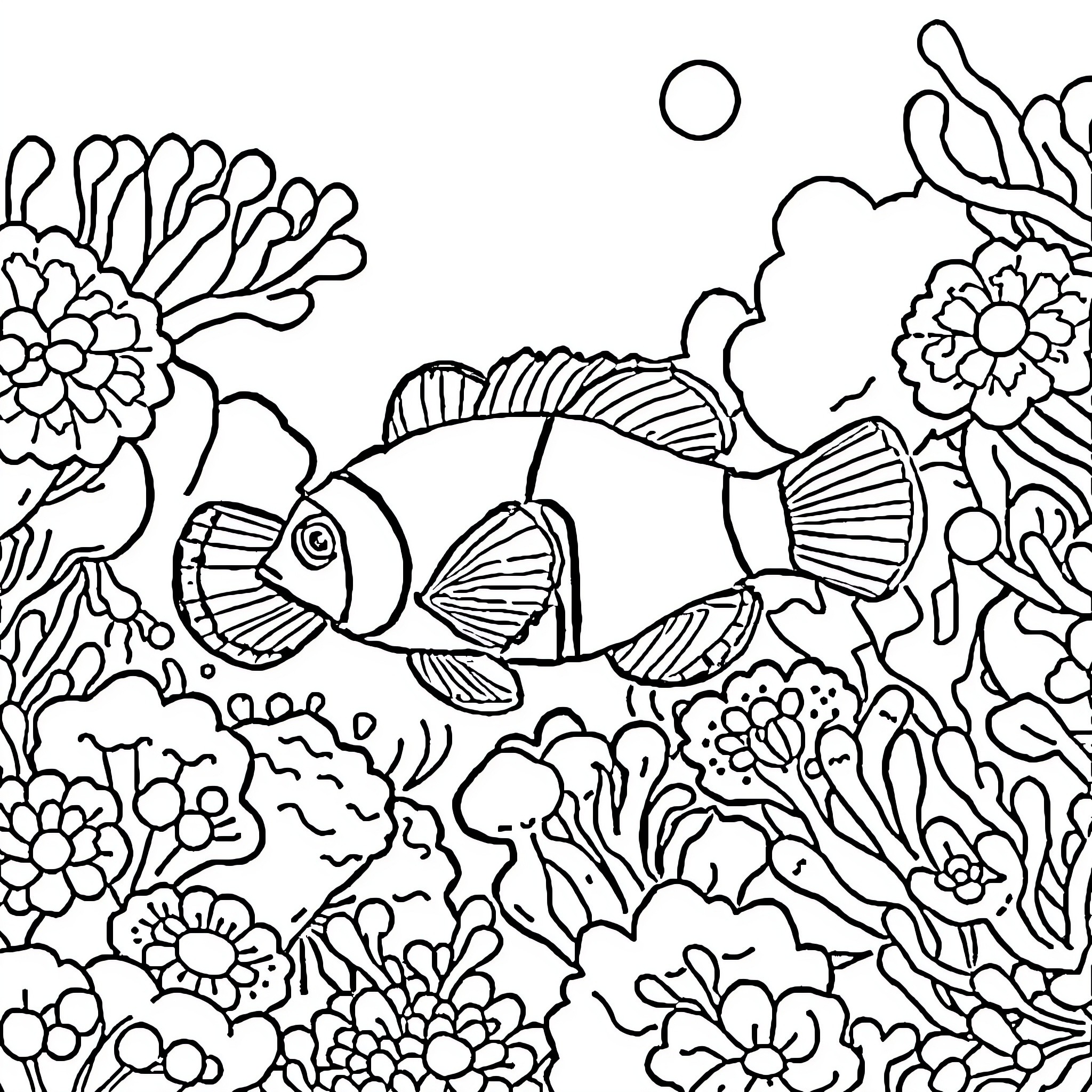 Clown Shark swimming in a vibrant underwater garden Coloring Page (free black-and-white line drawing printable PDF for all, from beginners to advanced learners, including children, teens, adults, and seniors)