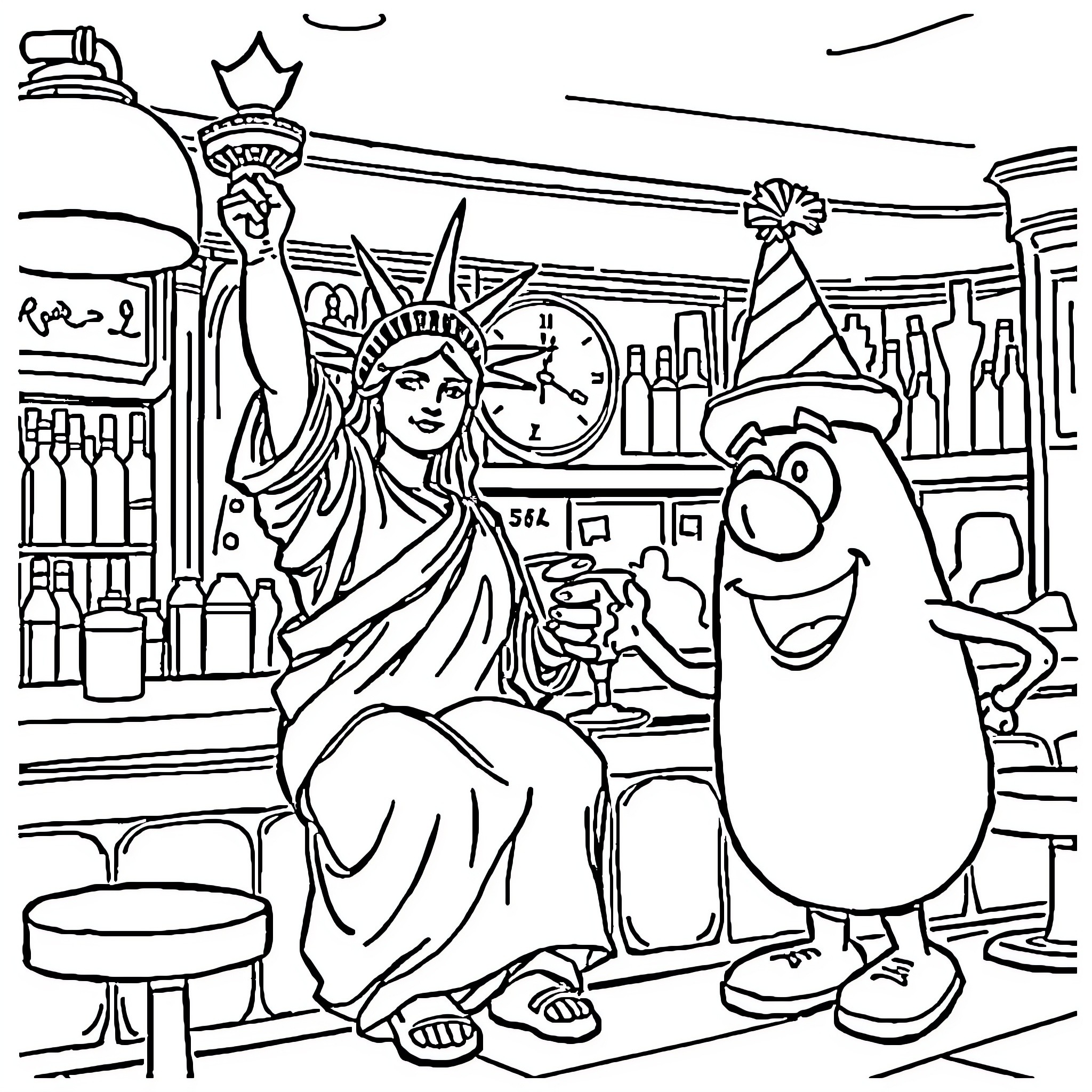 Statue Of Liberty celebrates with a party Coloring Page (free black-and-white line drawing printable PDF for all, from beginners to advanced learners, including children, teens, adults, and seniors)
