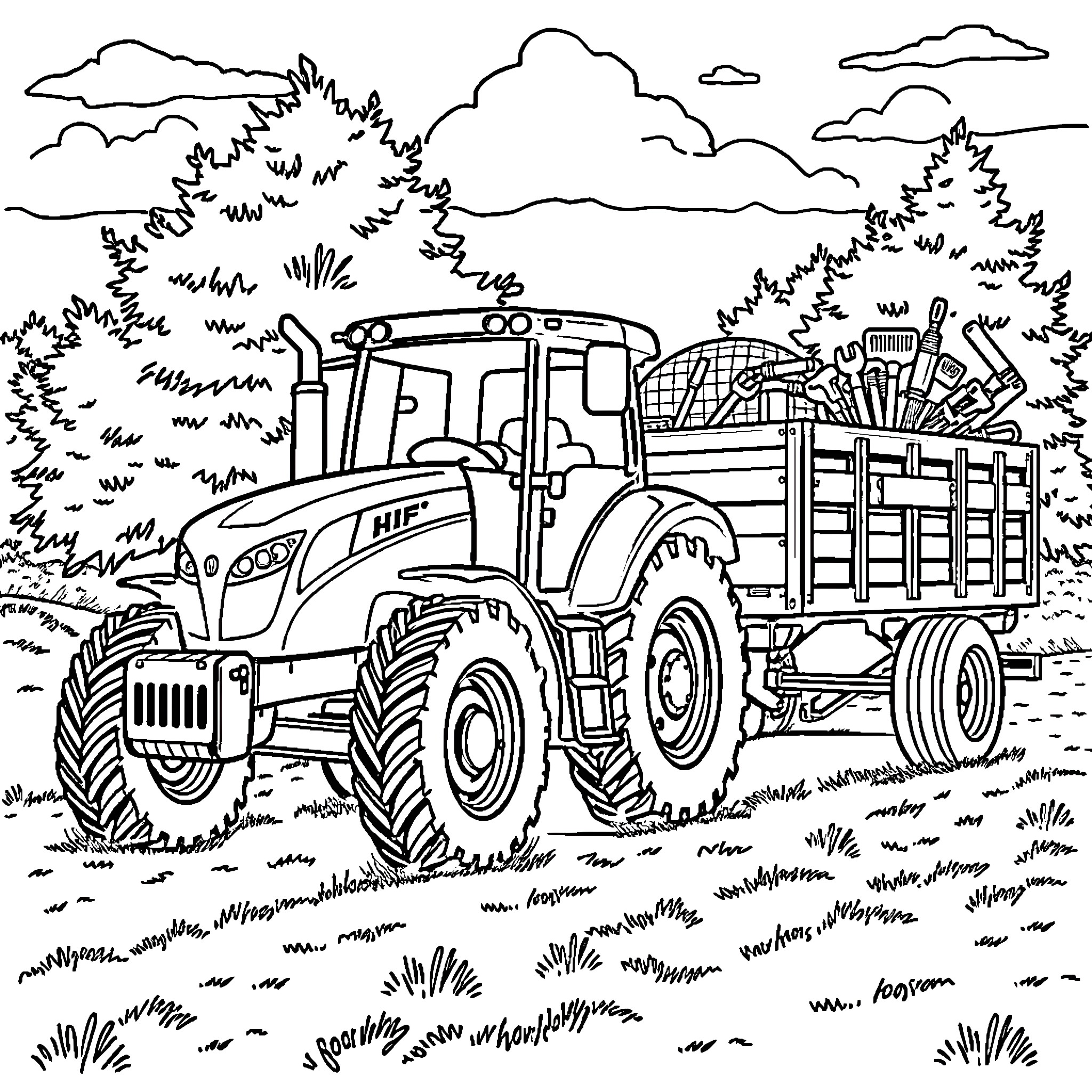 Tractor hauling a trailer through a rural landscape Coloring Page (free black-and-white line drawing printable PDF for all, from beginners to advanced learners, including children, teens, adults, and seniors)