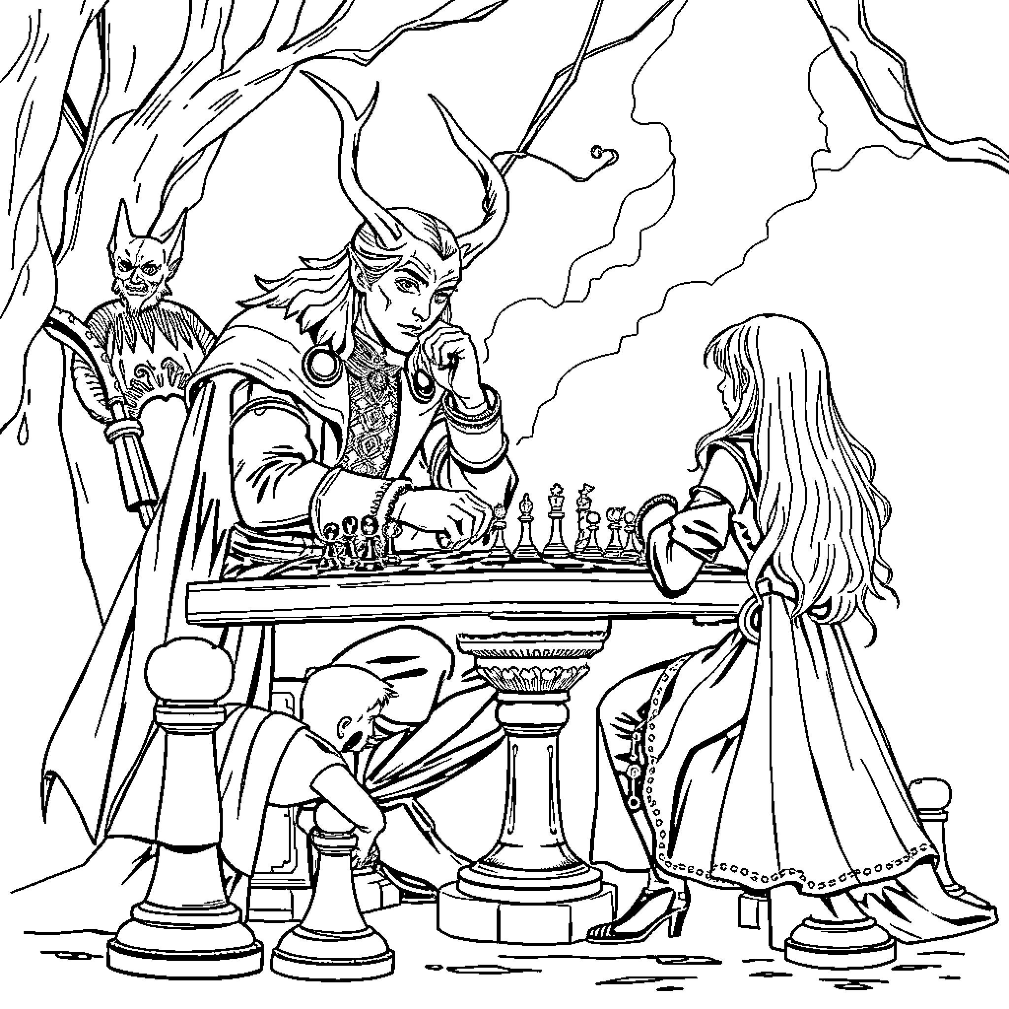 Loki challenges Asgardian princess to a chess match Coloring Page (free black-and-white line drawing printable PDF for all, from beginners to advanced learners, including children, teens, adults, and seniors)