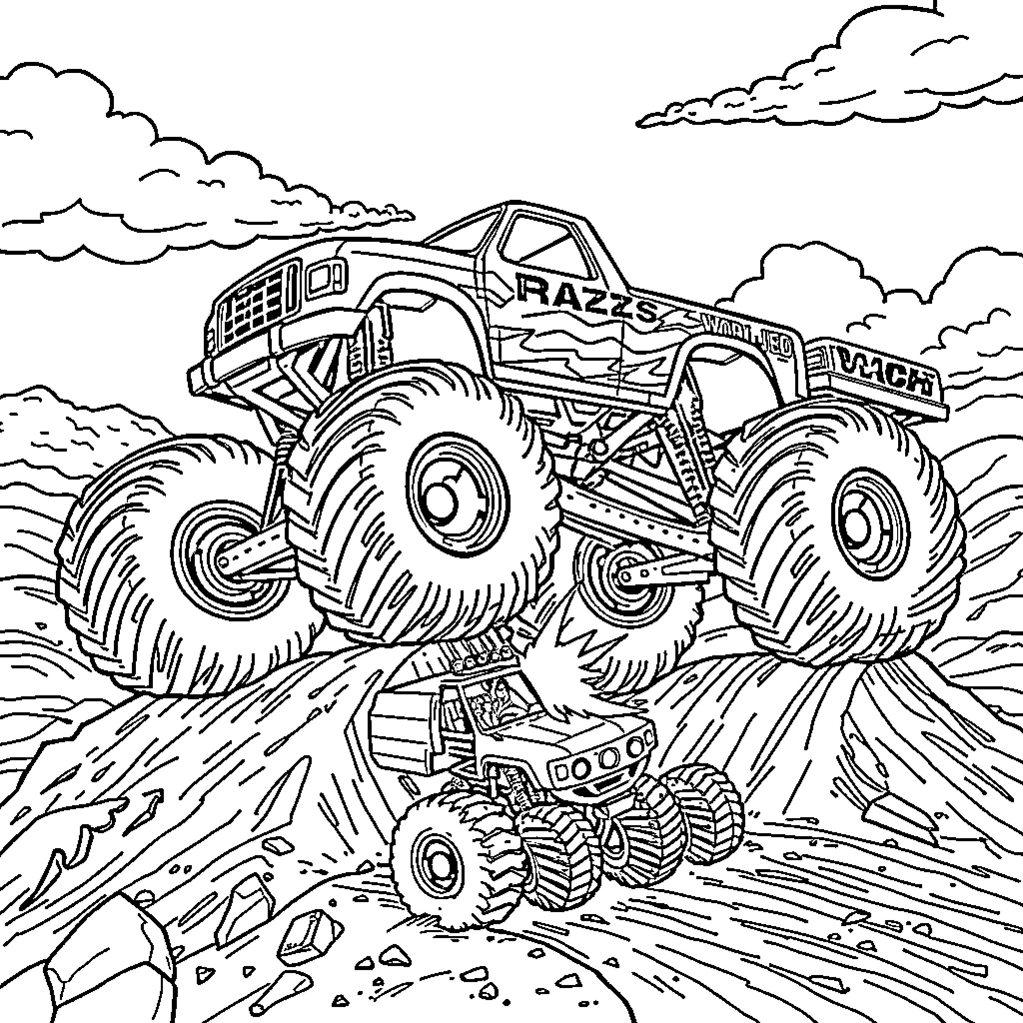 Monster Truck Crushing Rocks in the Countryside Coloring Page (free black-and-white line drawing printable PDF for all, from beginners to advanced learners, including children, teens, adults, and seniors)