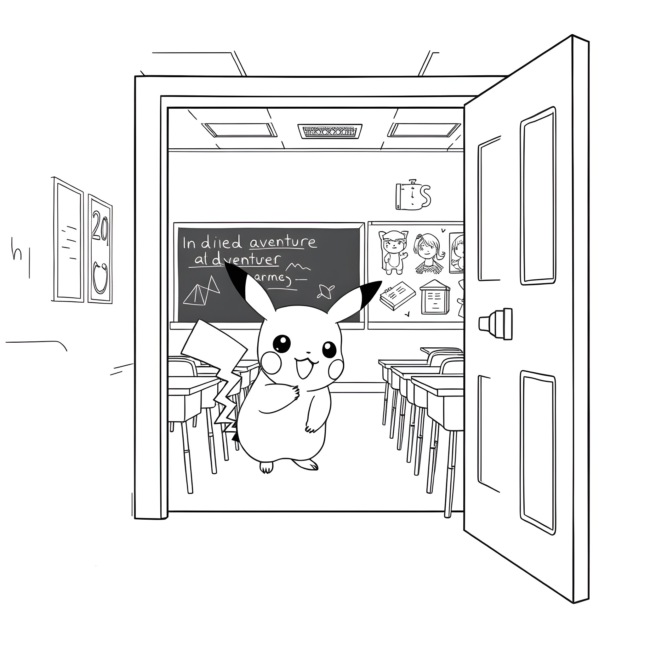 Pikachu in a Cozy Classroom Setting Coloring Page (free black-and-white line drawing printable PDF for all, from beginners to advanced learners, including children, teens, adults, and seniors)