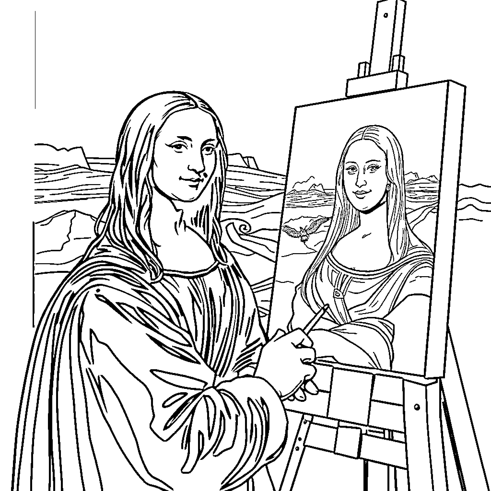 Leonardo Painting a Portrait of the Mona Lisa Coloring Page (free black-and-white line drawing printable PDF for all, from beginners to advanced learners, including children, teens, adults, and seniors)
