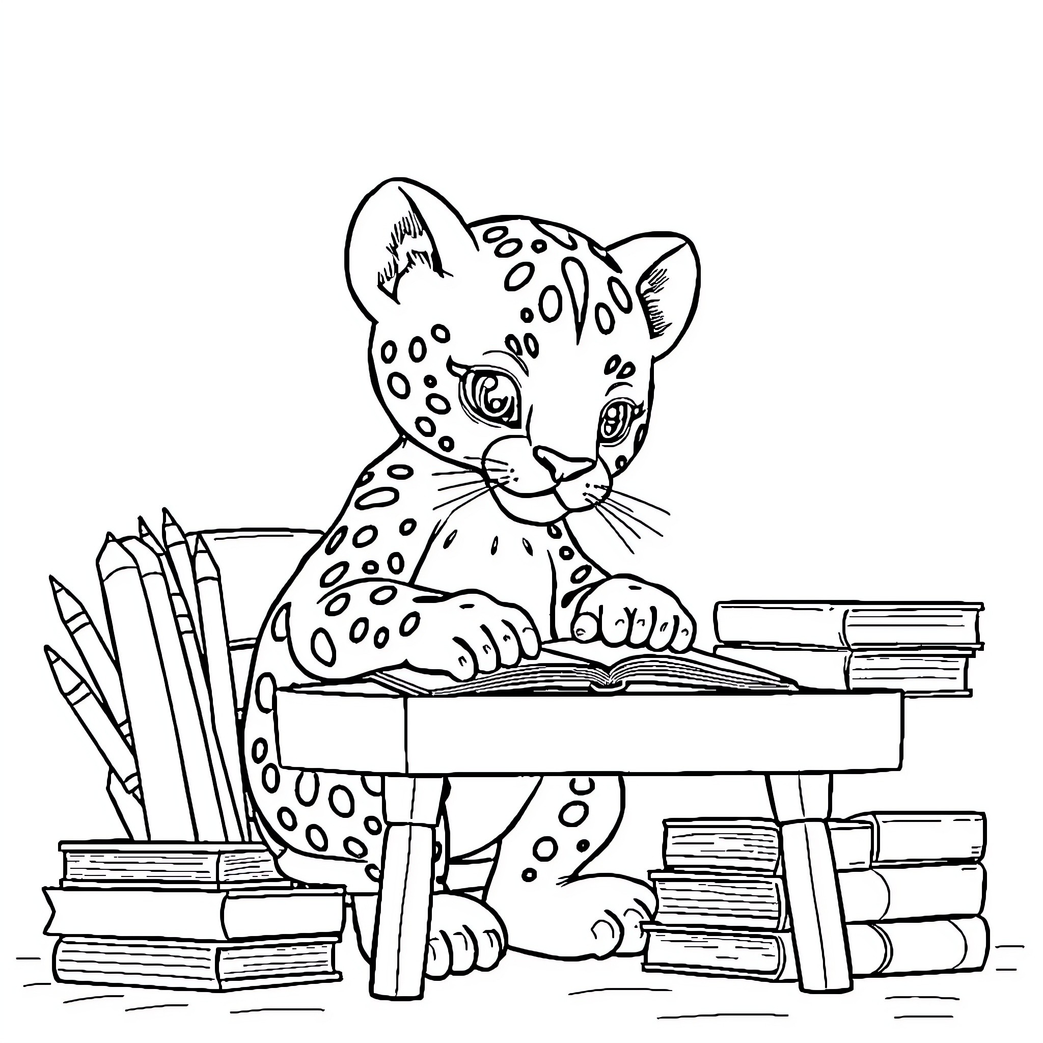 Panther studying diligently at desk Coloring Page (free black-and-white line drawing printable PDF for all, from beginners to advanced learners, including children, teens, adults, and seniors)