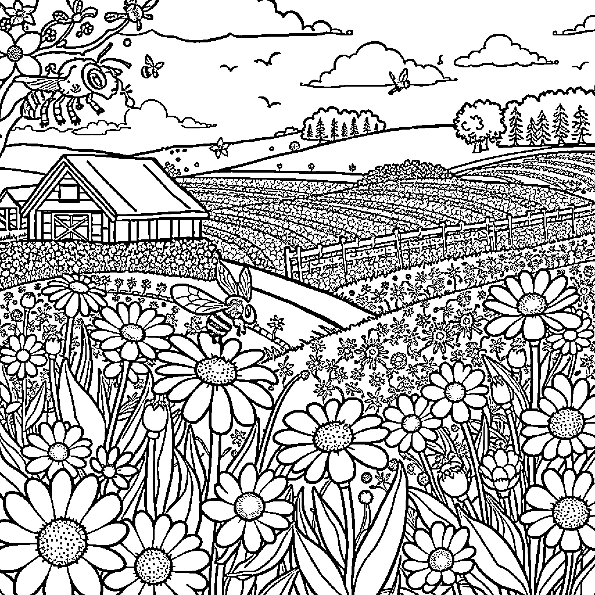 Beekeeping amidst a serene countryside landscape Coloring Page (free black-and-white line drawing printable PDF for all, from beginners to advanced learners, including children, teens, adults, and seniors)