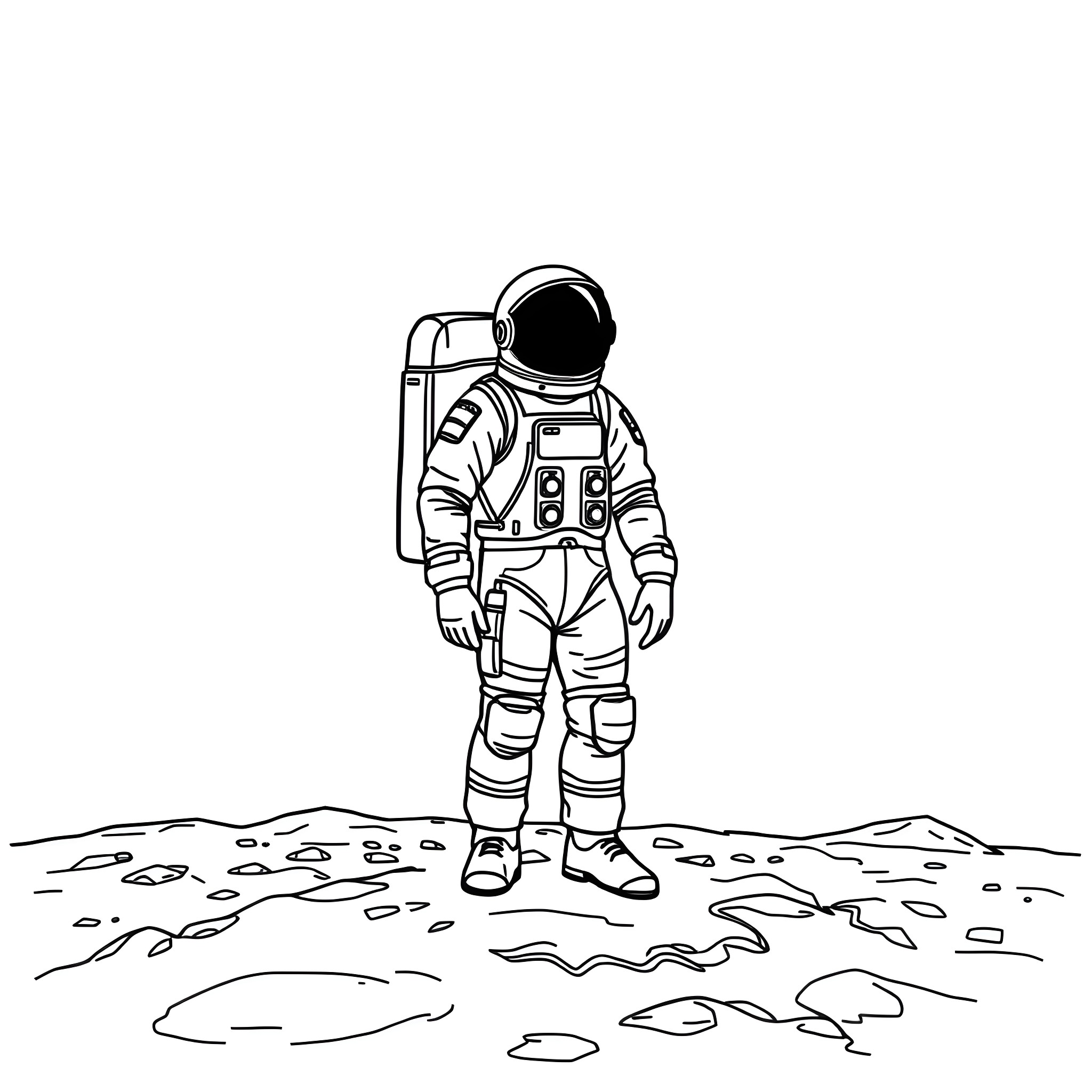 Man in astronaut suit exploring the lunar surface Coloring Page (free black-and-white line drawing printable PDF for all, from beginners to advanced learners, including children, teens, adults, and seniors)