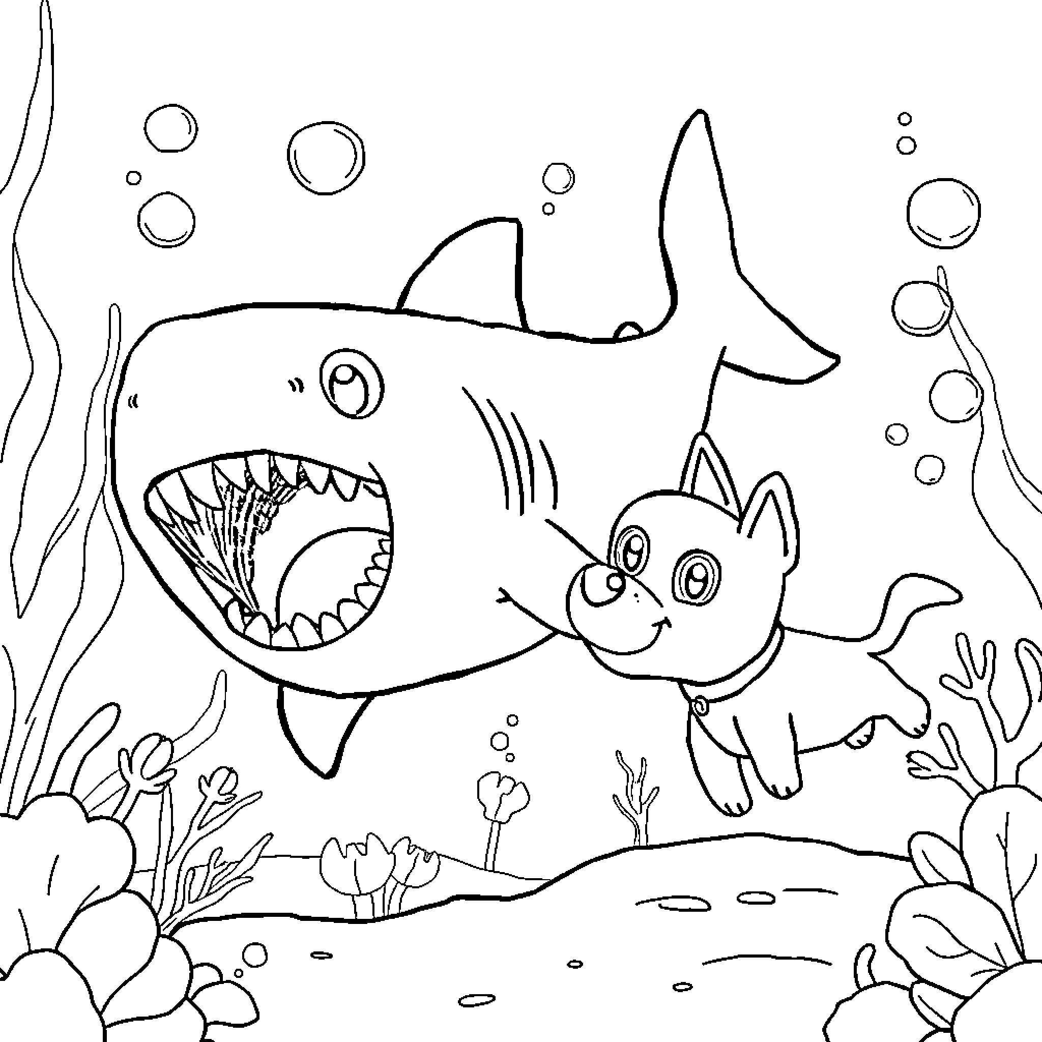 Baby Shark swimming happily with friends in the ocean Coloring Page (free black-and-white line drawing printable PDF for all, from beginners to advanced learners, including children, teens, adults, and seniors)