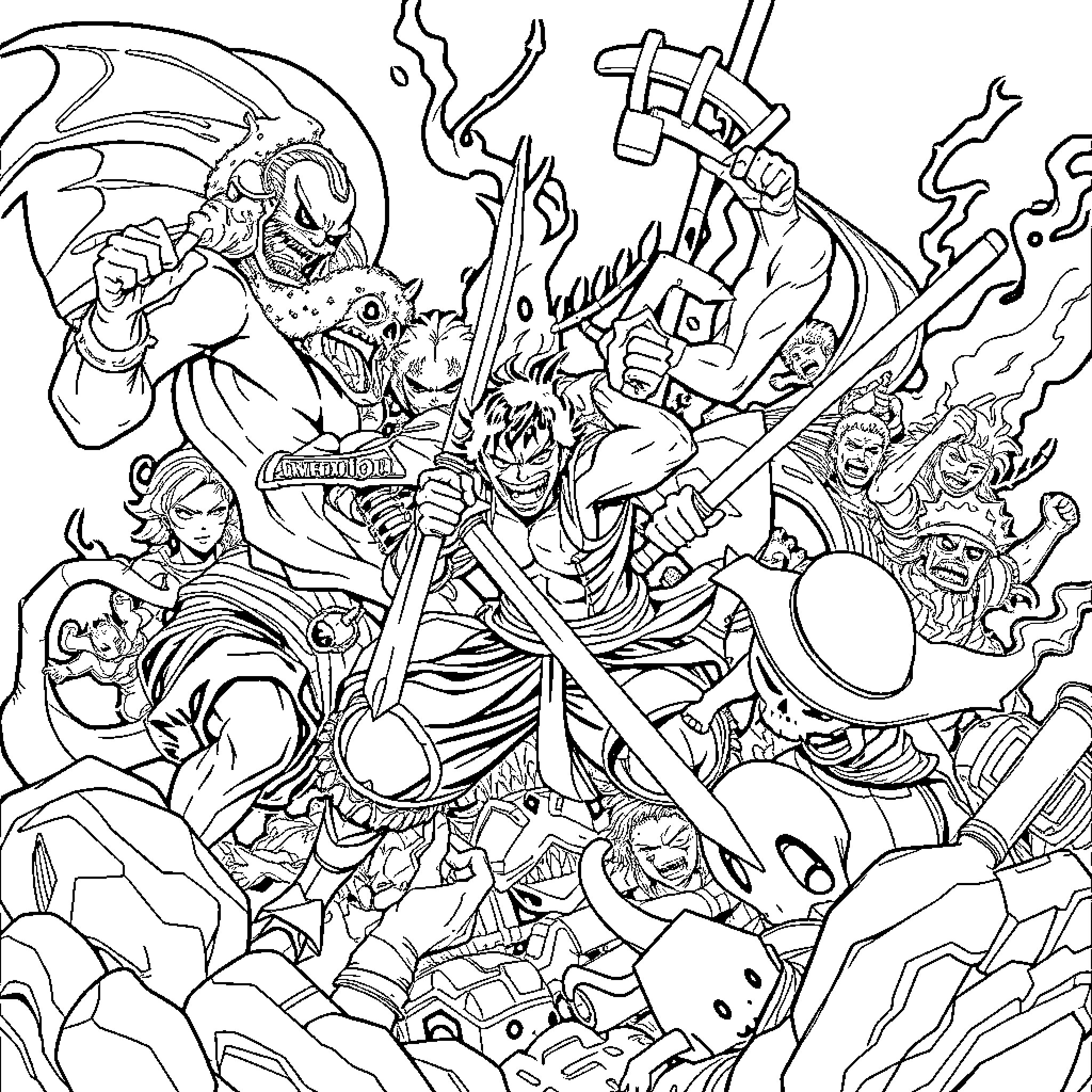 Demonslayer: Epic Battle of Mythical Creatures and Weapons Coloring Page (free black-and-white line drawing printable PDF for all, from beginners to advanced learners, including children, teens, adults, and seniors)