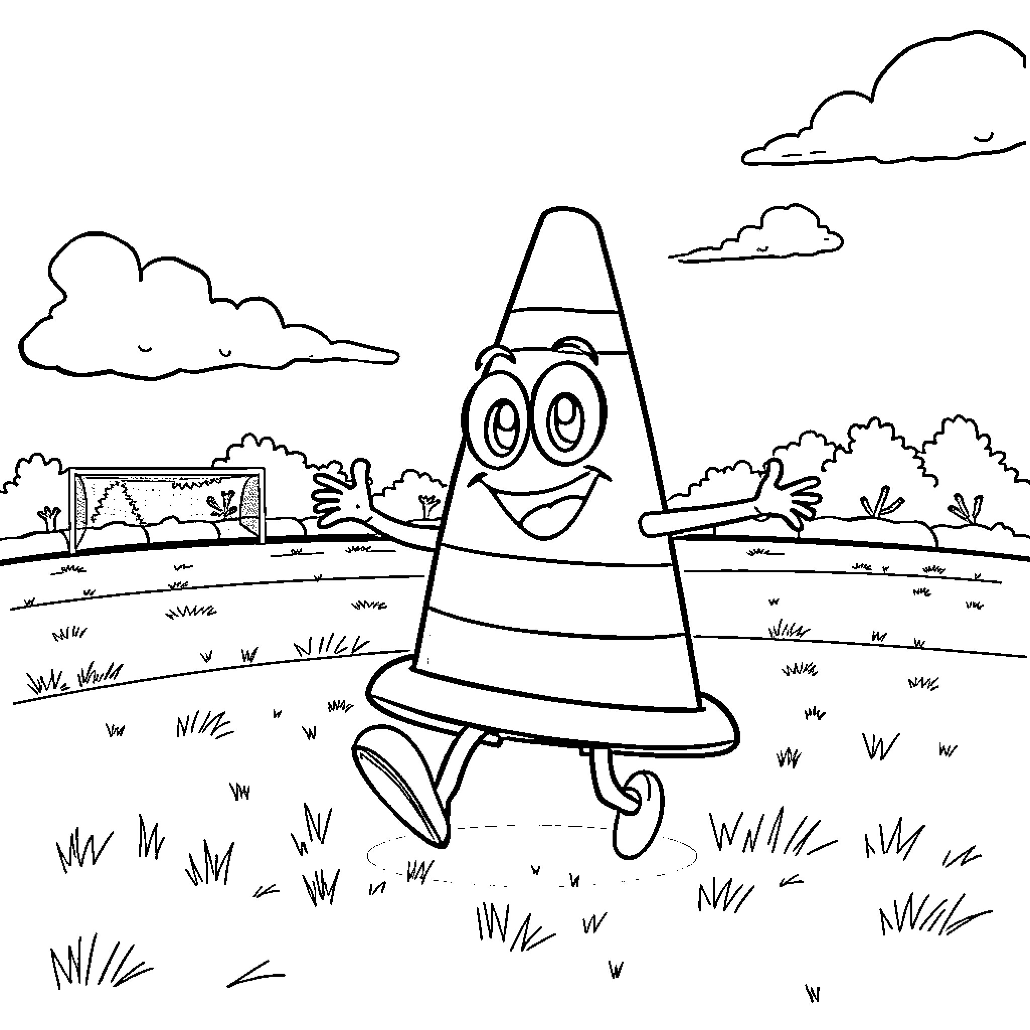 Traffic Cone happily wandering in the countryside Coloring Page (free black-and-white line drawing printable PDF for all, from beginners to advanced learners, including children, teens, adults, and seniors)