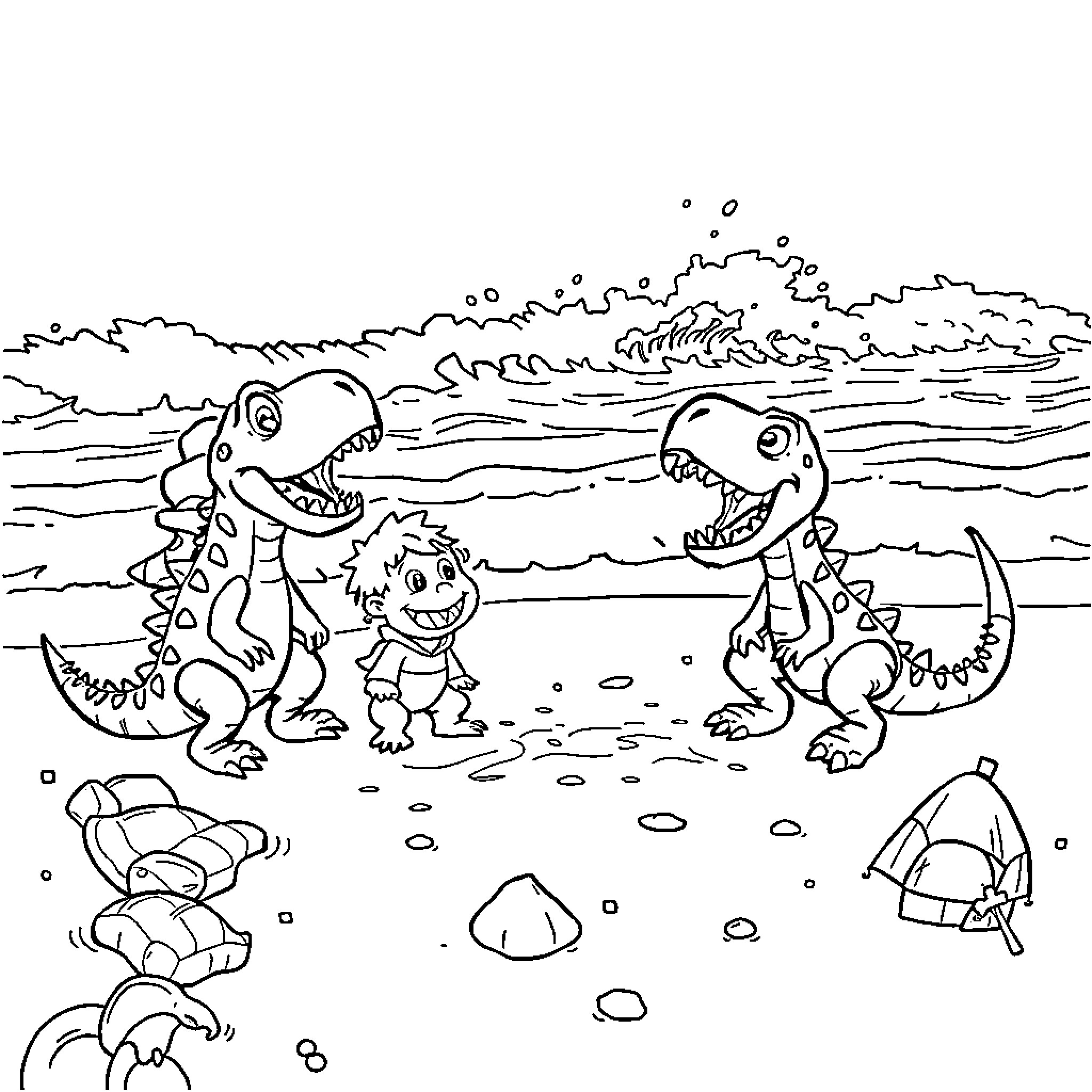 Character dinosaurs playing on the beach Coloring Page (free black-and-white line drawing printable PDF for all, from beginners to advanced learners, including children, teens, adults, and seniors)